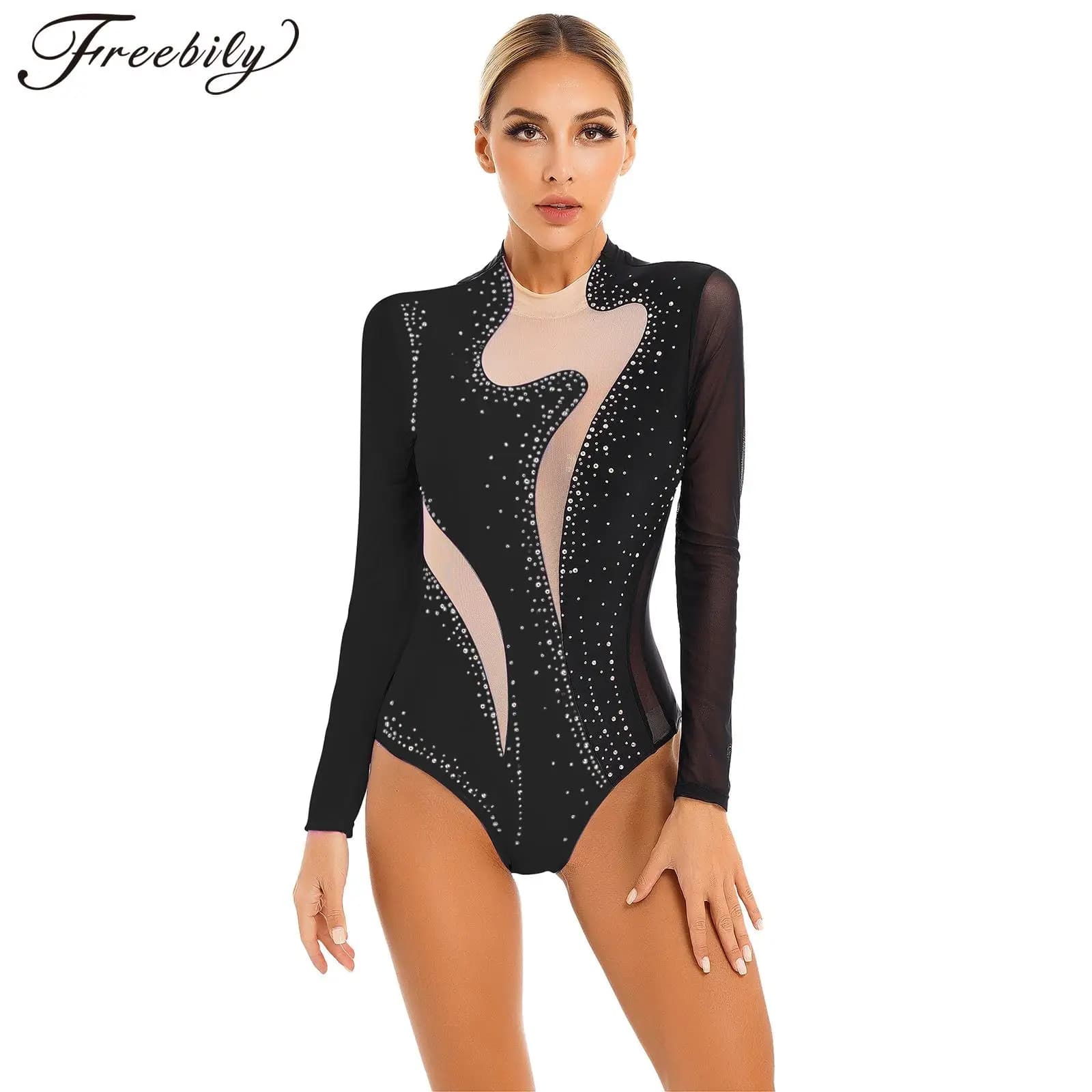 Costume da pattinaggio di figura per donna, danza classica, ginnastica ritmica, body a maniche lunghe, con strass lucidi, body in rete trasparente