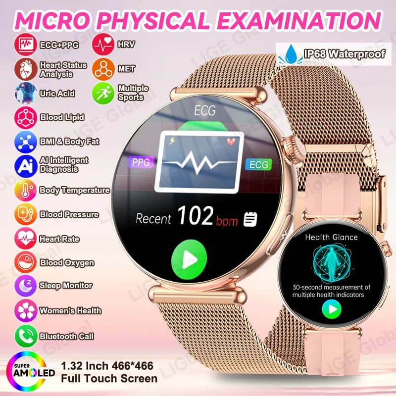 LIGE ECG + PPG Woman Smartwatch Blood Fat Urical Acid Body Temperature Female menstrual cycle Health Bluetooth call Smart Bracelet