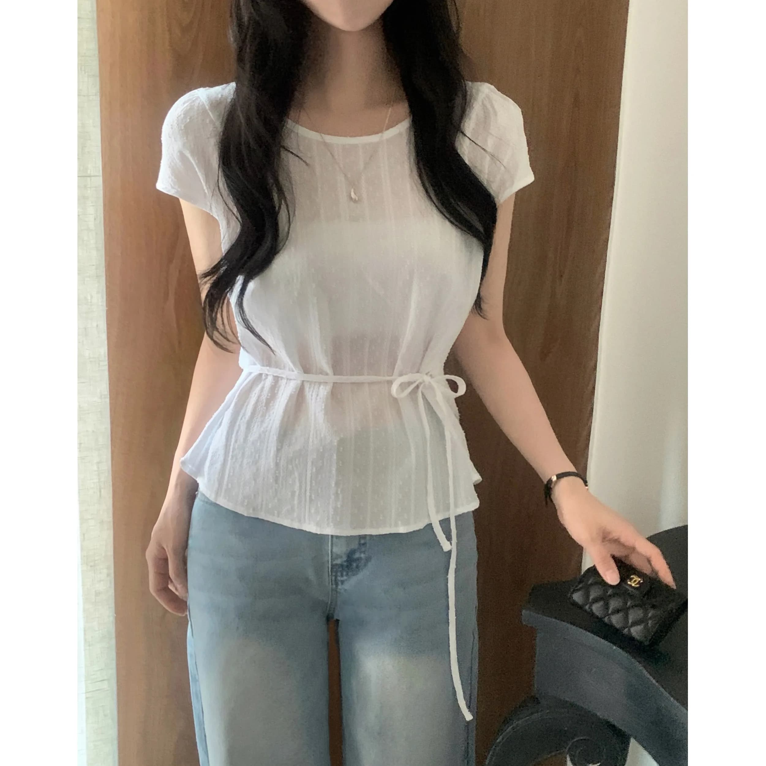 Summer Simple Floral Embroidery Belted Short Sleeve Shirt Korean Style Women's Casual Fashion Inner Wear Spring Autumn Winter