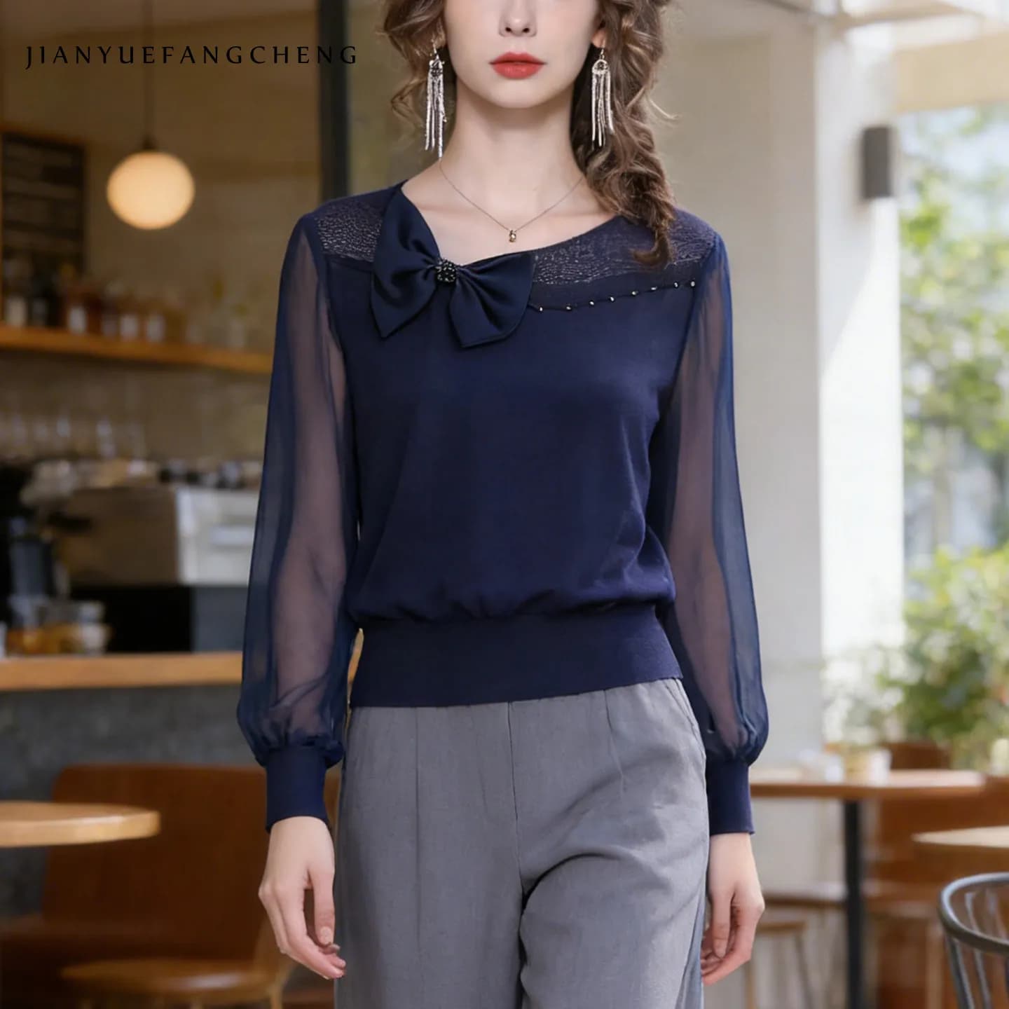Elegante maglia da donna con fiocco, maniche lunghe, scollo a V, con maniche trasparenti, casual, alla moda, primaverile/estiva.