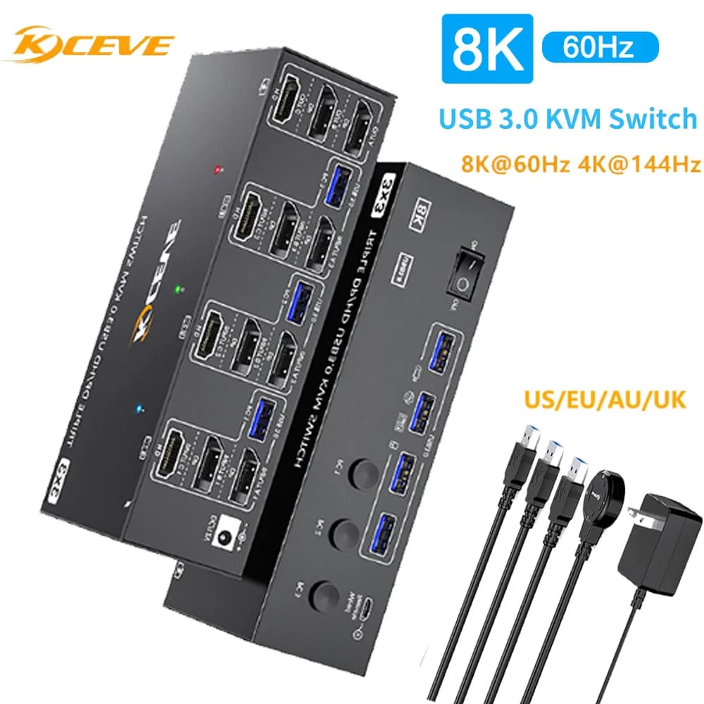 Switch KVM USB 3.0 8K@60Hz 4K@144Hz 3 monitor 3 computer Triple monitor KVM with 4 ports HD-MIUSB 3.0 KVM Triple 2025 NEW