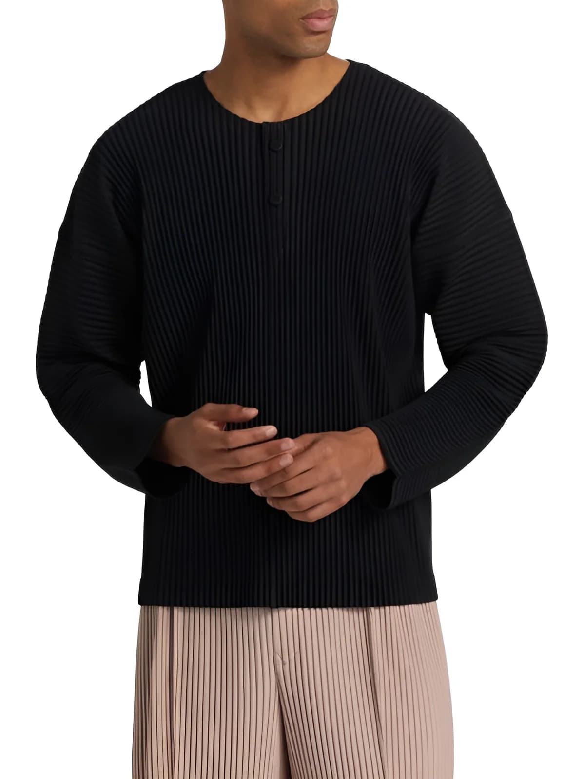 T-Shirt Plissettata da Uomo Miyake, Manica Lunga, Collo Henley, Top Casual