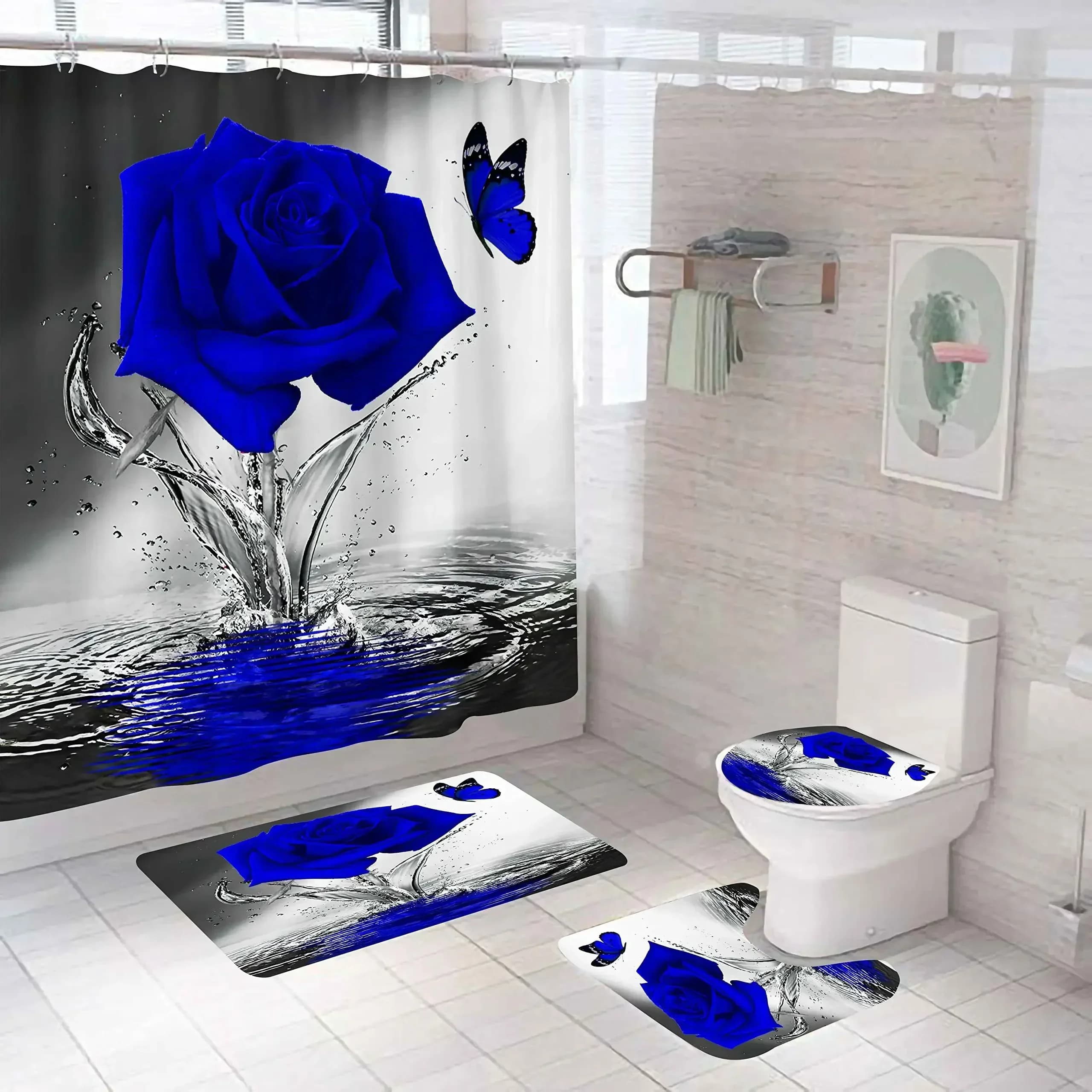 Set di tende da doccia per bagno impermeabili con fiori di rosa blu Set coprisedile per WC in poliestere Tappetino antiscivolo per bagno Tappeto Decorazioni per la casa