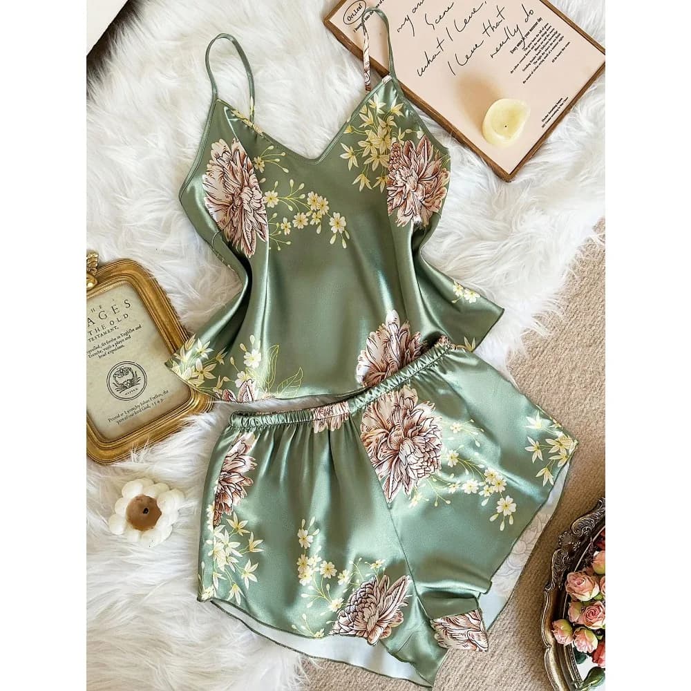 Set di 2 pezzi da donna sexy con stampa Deep-V, canotta e pantaloncini, elegante completo in raso, adatto a tutte le stagioni