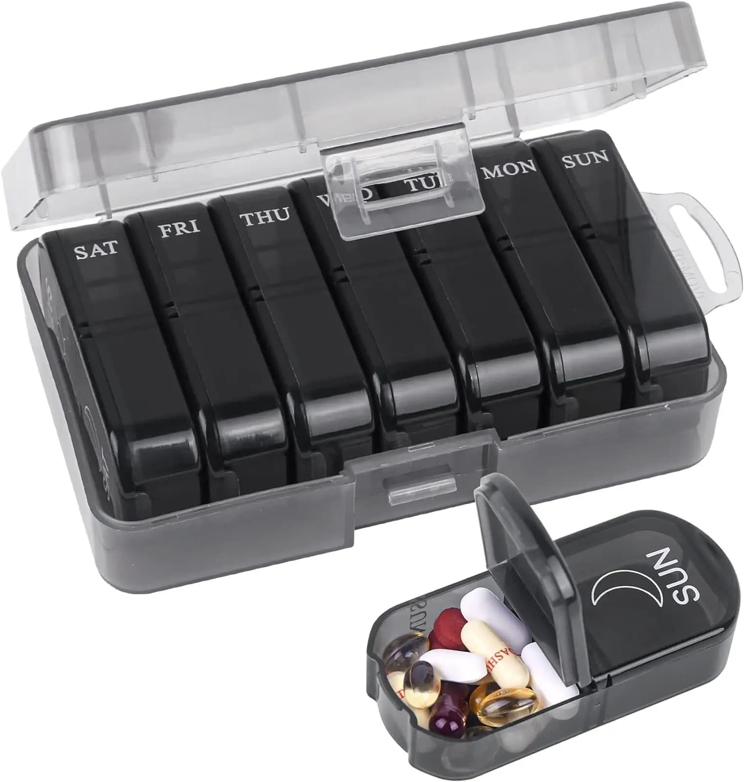 Portable weekly pills UNTIOR morning and evening travel great capacity with 14 compartments to contain vitamin pills