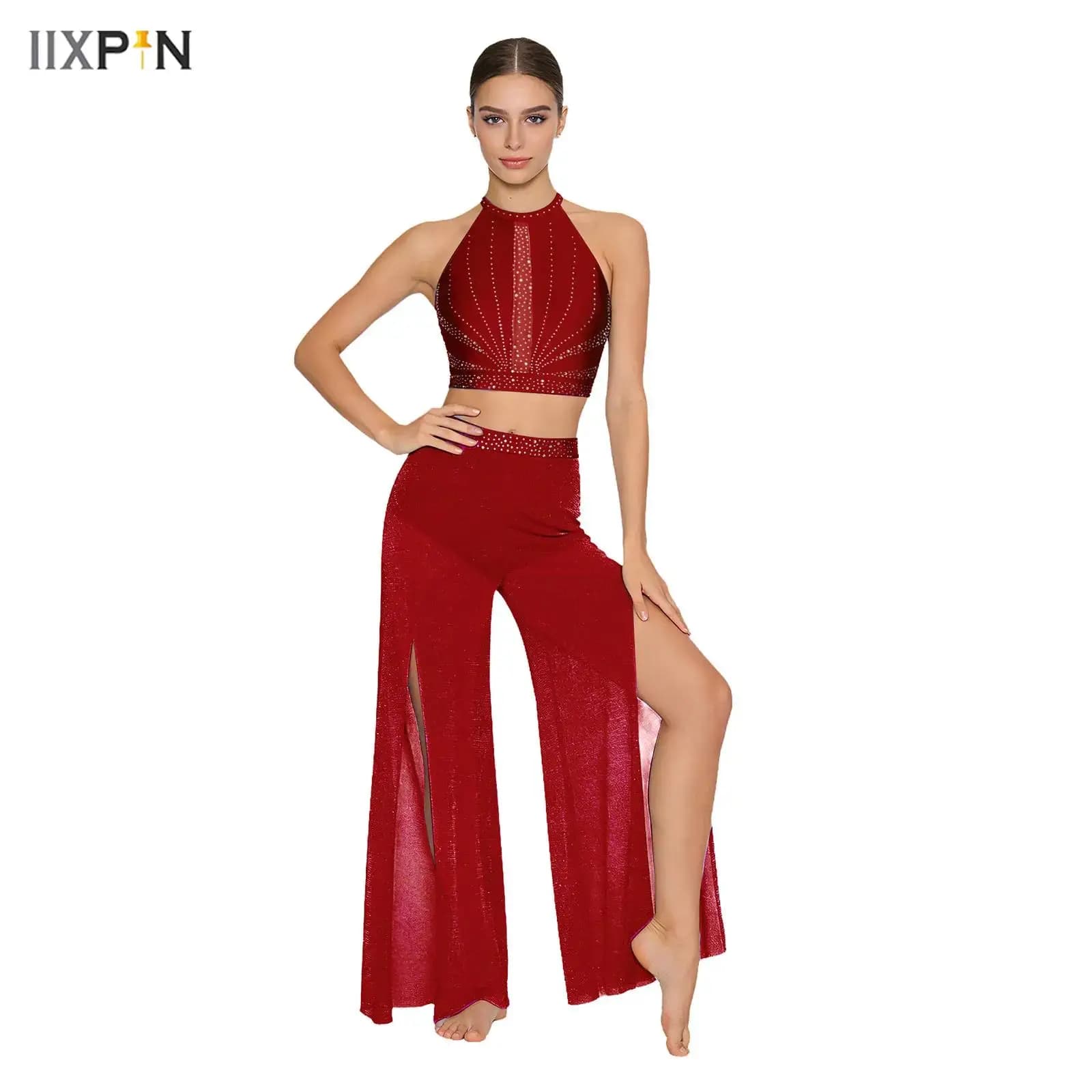 Costume da ballo moderno per donna, completo da pattinaggio artistico e danza classica, con top corto con strass e pantaloncini integrati.