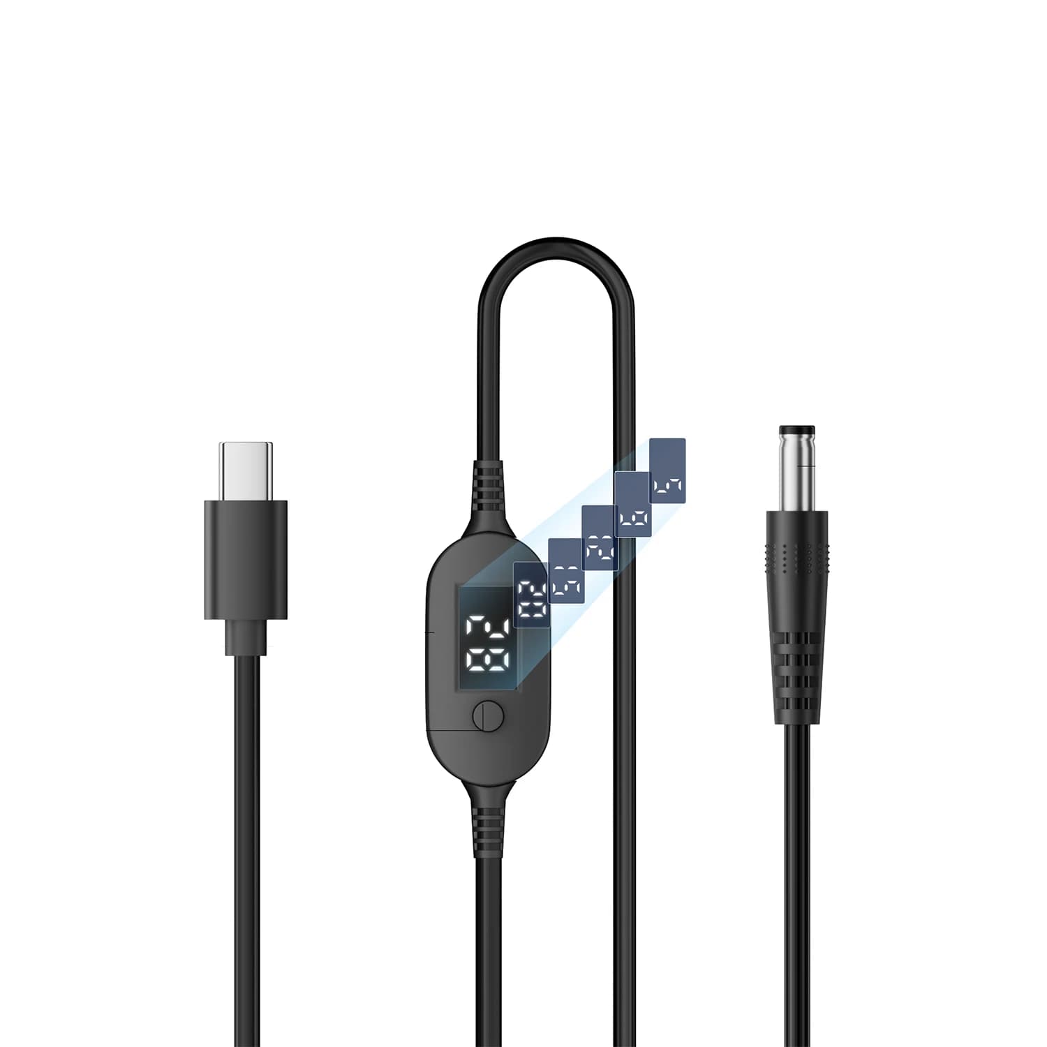 Cavo di ricarica USB-C da 140W 28V a uscita DC 5.5mm x 2.5mm con chip PD, display LED e tensione regolabile per telefono, tablet, laptop
