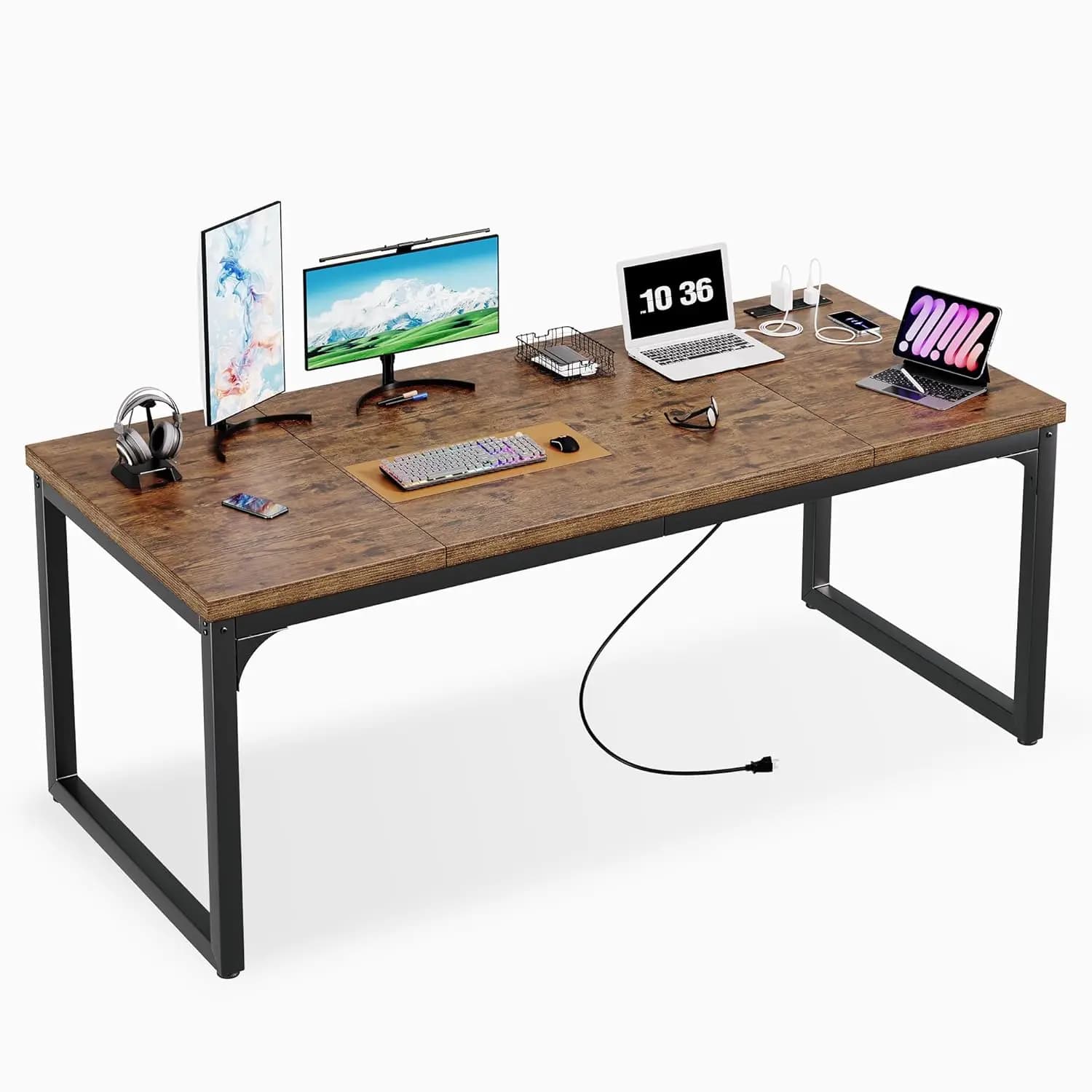 Scrivania per Computer 71x31.5 con Prese Elettriche, Telaio in Metallo Spesso 1.2 Pollici, per Gaming, Scrittura, Ufficio Domestico, Stile Rustico Marrone Nero Personalizzabile