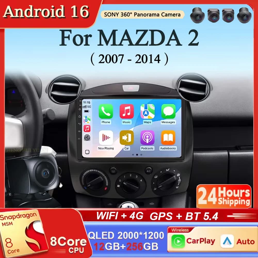 For MAZDA 2 Mazda2 2007 2008 - 2014 Android 16 Carplay&Auto Car Radio Navigation Multimedia Stereo Player BT QLED GPS WIFI 4G