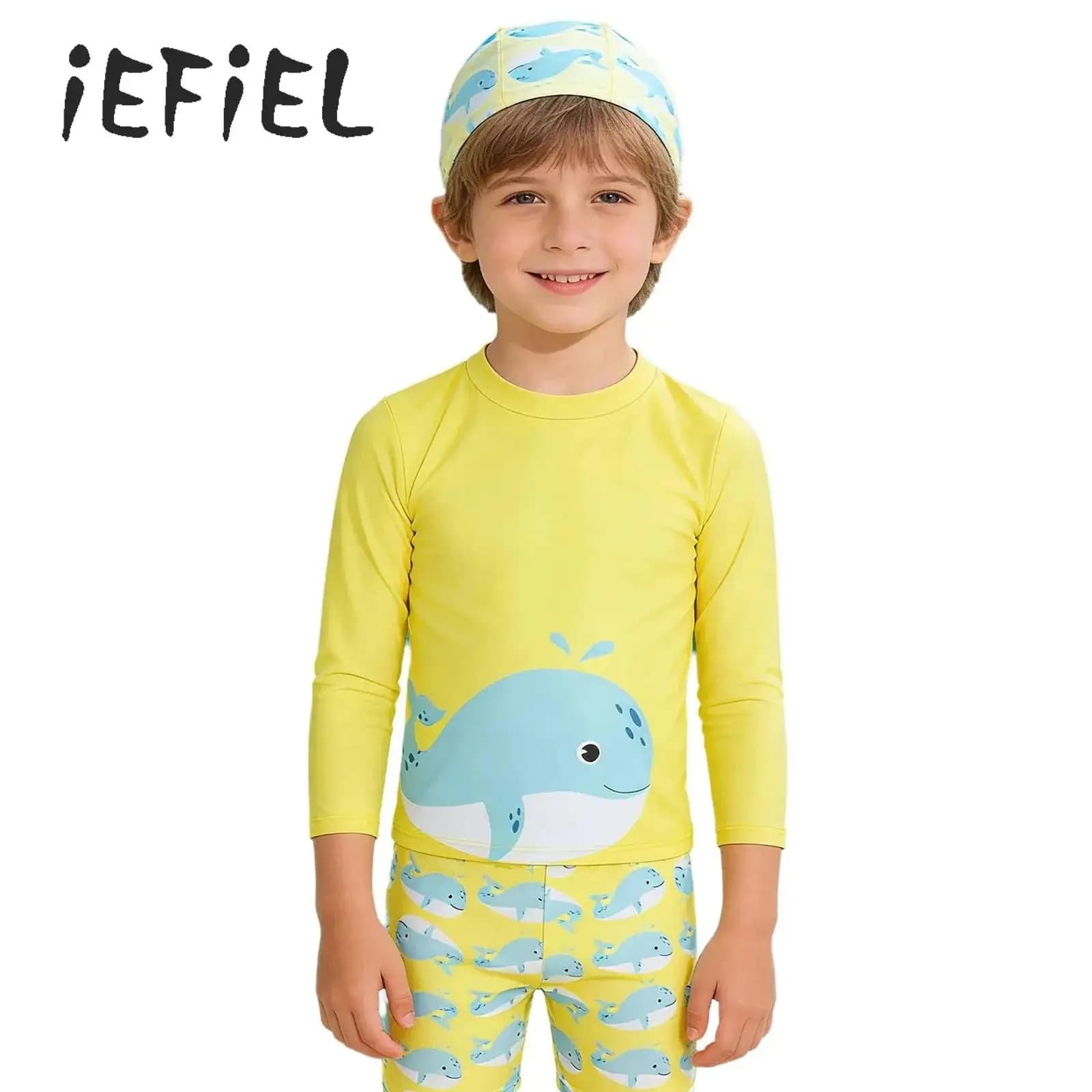 3 piece swimsuit for kids and boys, quick drying swimsuit, set with cartoon print, long sleeve top with shorts and bath hood