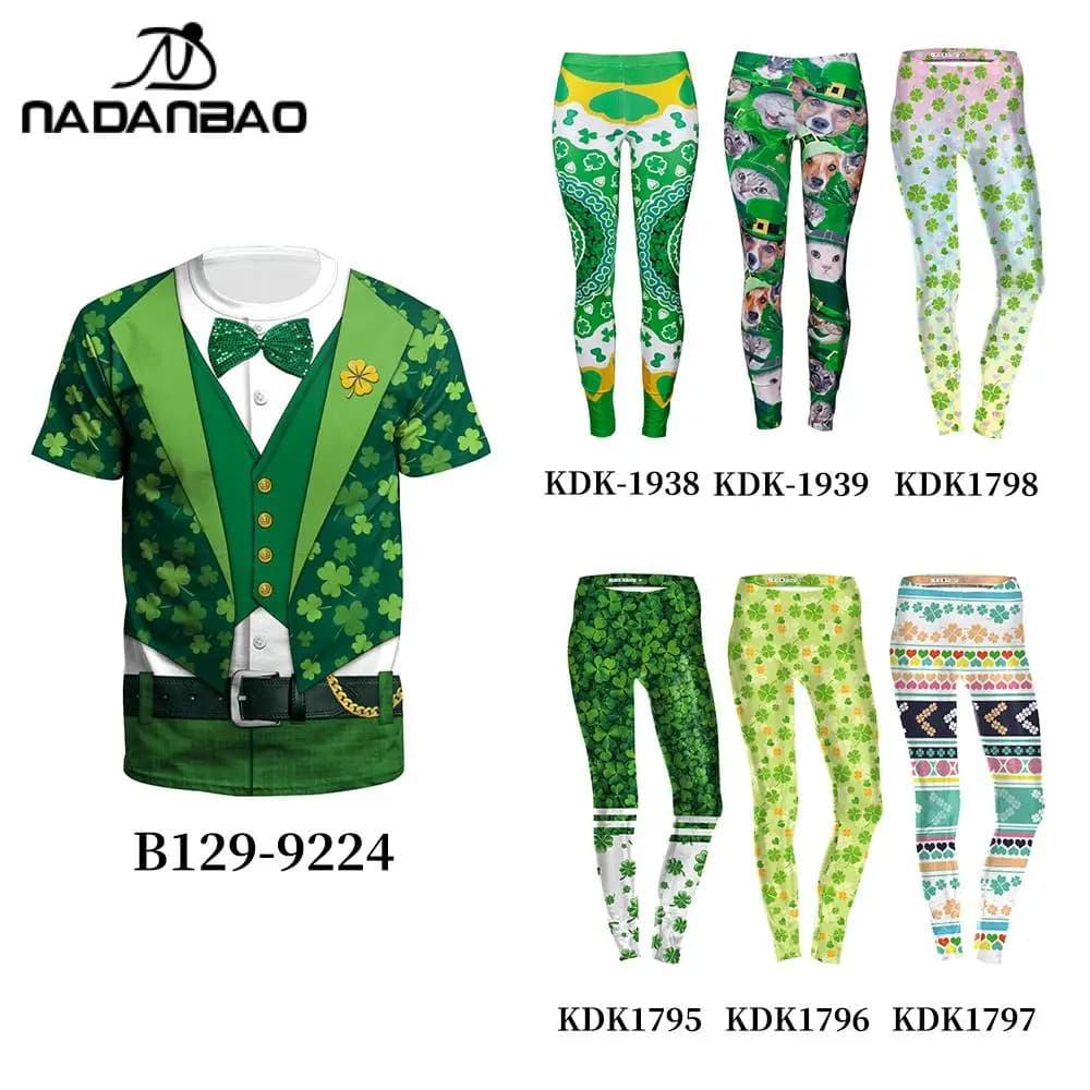 Nadanbao 3D Shamrock Skull Print Pants Set Women O-neck Short Sleeved T-shirt Mid Waist Elastic Trousers Irish Festival Leggings