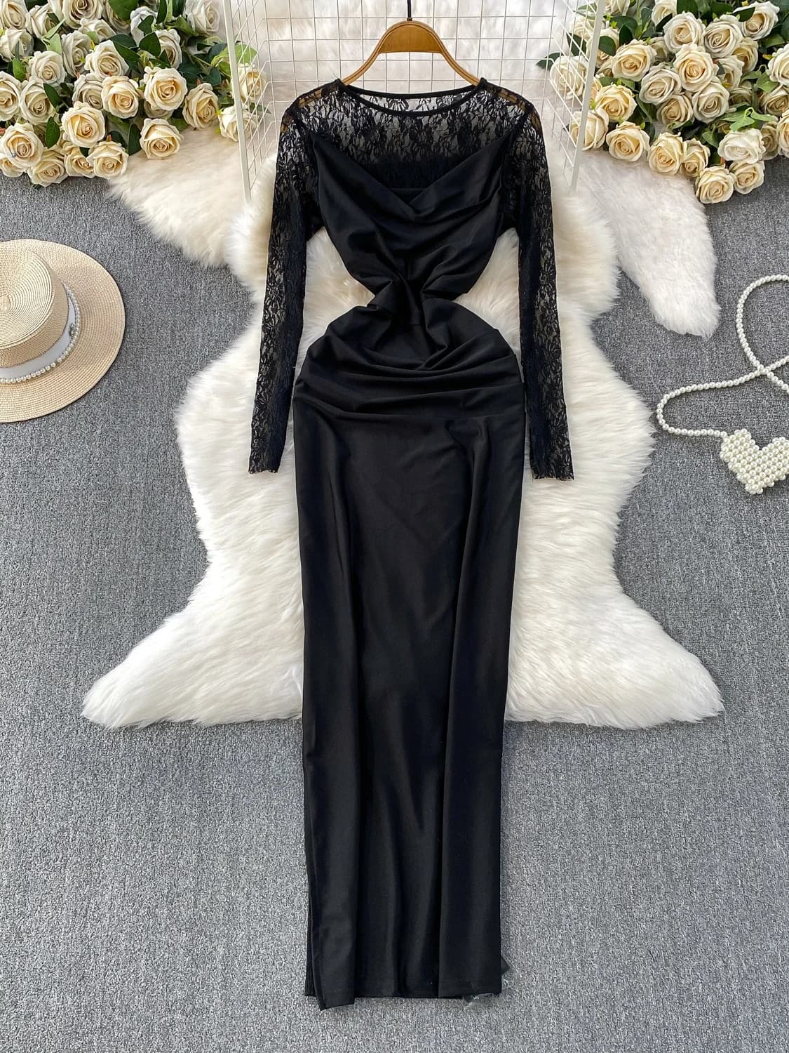 Elegant Lace Splice round Neck Dress Women's Spring Autumn Luxury Sexy Bodycon Gown Long Skirt Commute Style High Waist
