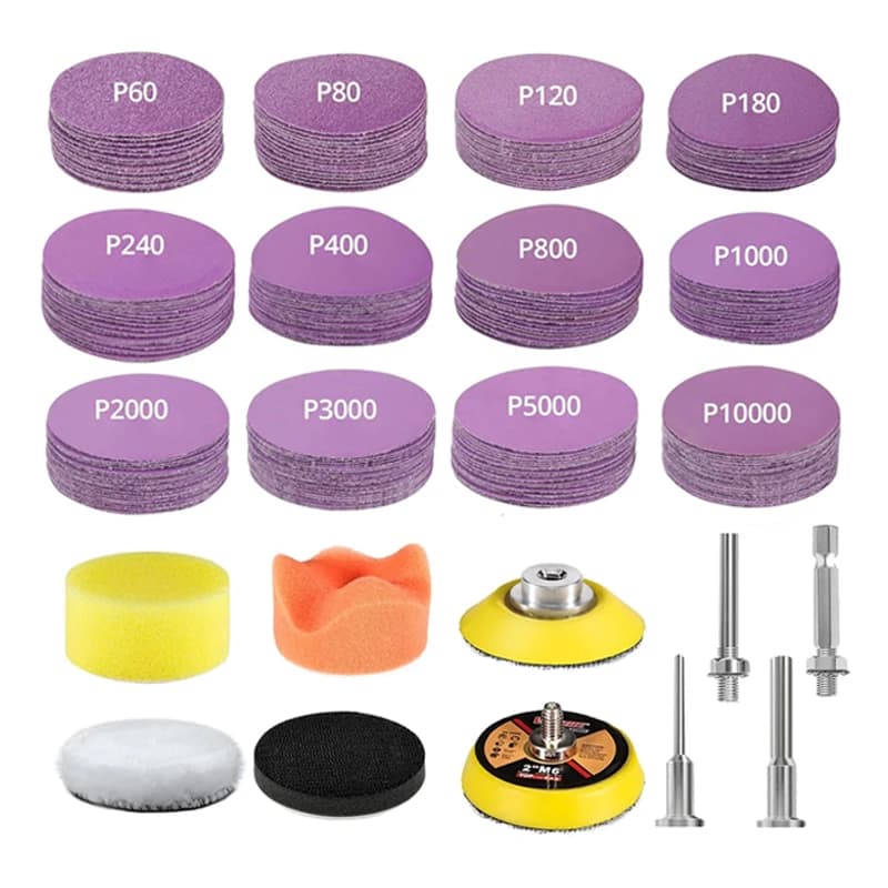Kit carta vetrata a umido e a secco da 2 pollici 50 mm 130 pezzi con tampone per lucidatura in schiuma, tampone abrasivo e adattatore per la molatura di lana metallica per auto