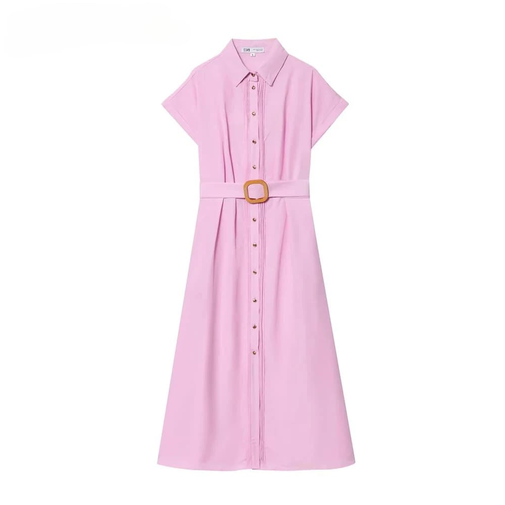 Women's 2025 New Product Temperament: Flip Collar Short Sleeve with Belt, Single breasted Solid Color Slimming Midi Dress