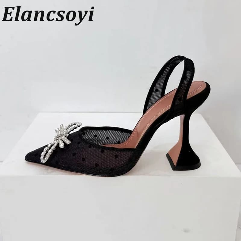 Summer Water Diamond Bow Shining Water Diamond High Heel Sandals Women's Lace Pointed Strap Sandals Sexy Party Dress Shoes 2026