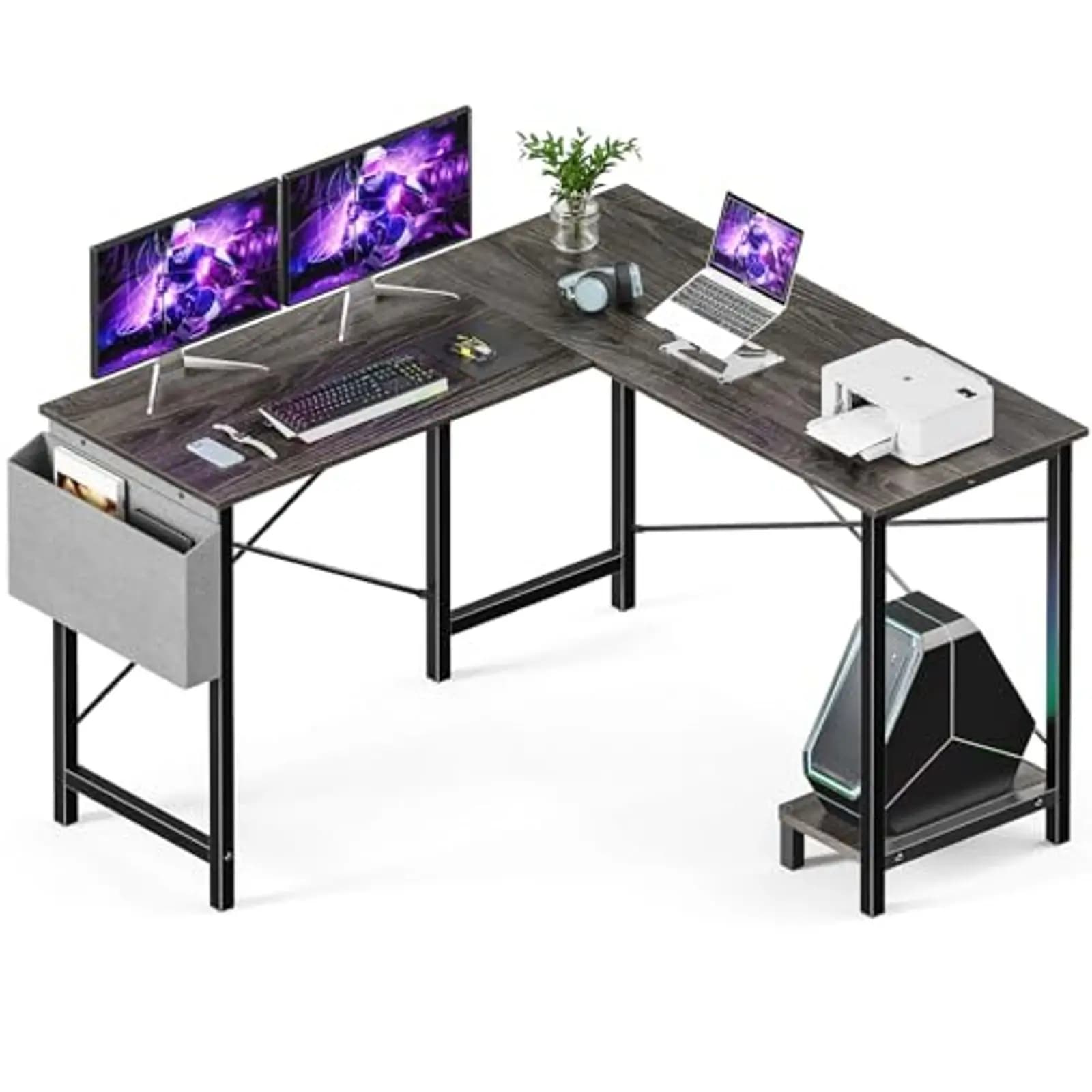 Scrivania a L da 51 Pollici, Tavolo Angolare per Gaming con Tasca Laterale e Supporto CPU, Scrivania per Ufficio Domestico per Piccoli Spazi