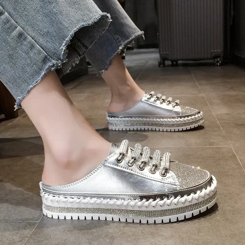 Mezze pantofole in cristallo da donna Scarpe con plateau piatte Scarpe da donna comode ed eleganti Coppia sandali da donna di lusso Bling 43