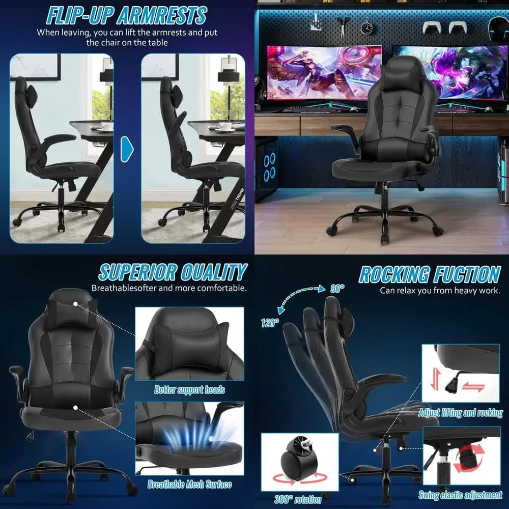 Sedia da Ufficio Ergonomica con Schienale Alto, Supporto Lombare, Braccioli Regolabili e Rivestimento in Pelle PU per Gaming PC Confortevole (Nera)