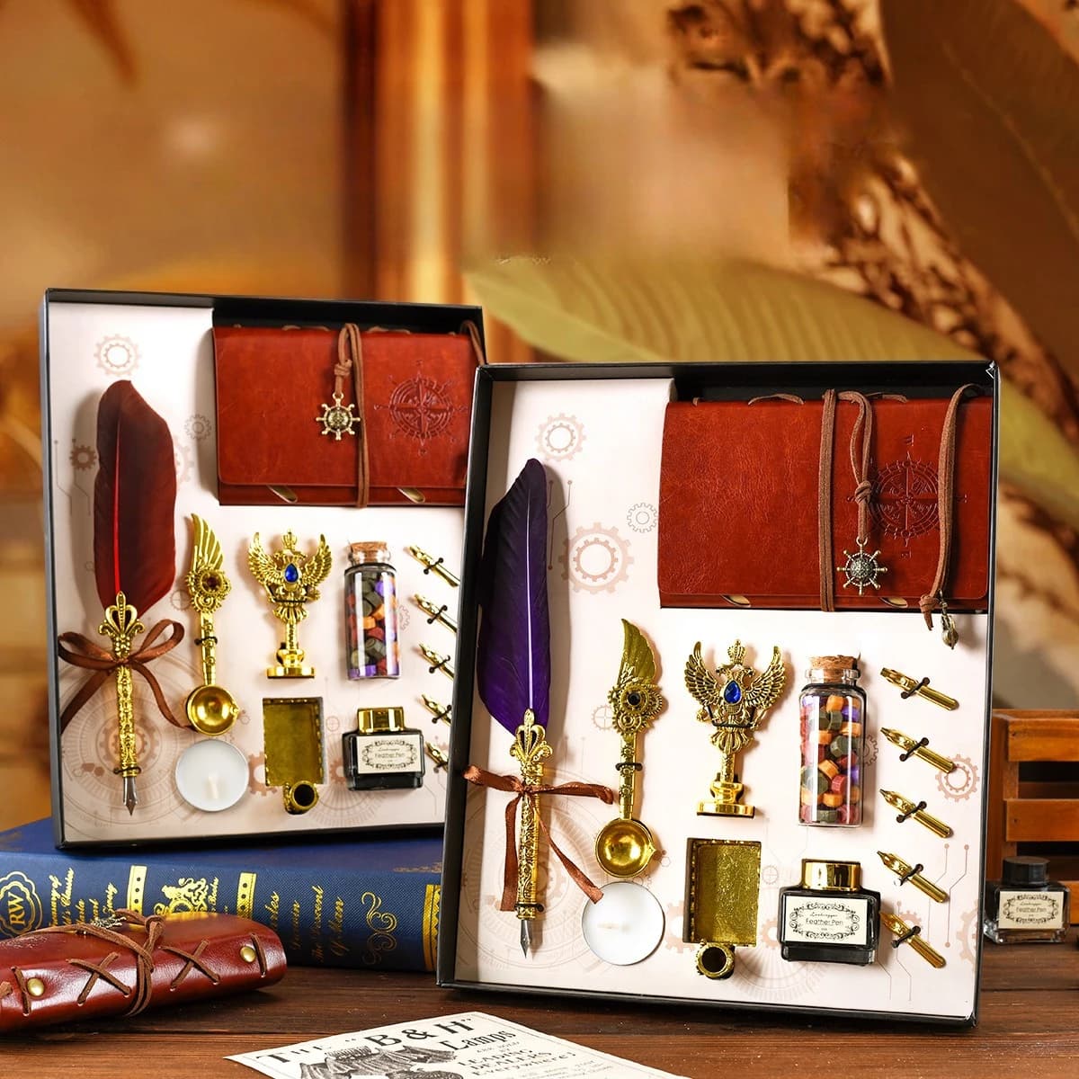 Vintage Feather Pen Notebook Gift Set Include Dip Pen 5 Replacement Pen Tips Ink Wax Particles Handle Seal Wax Spoon Gift