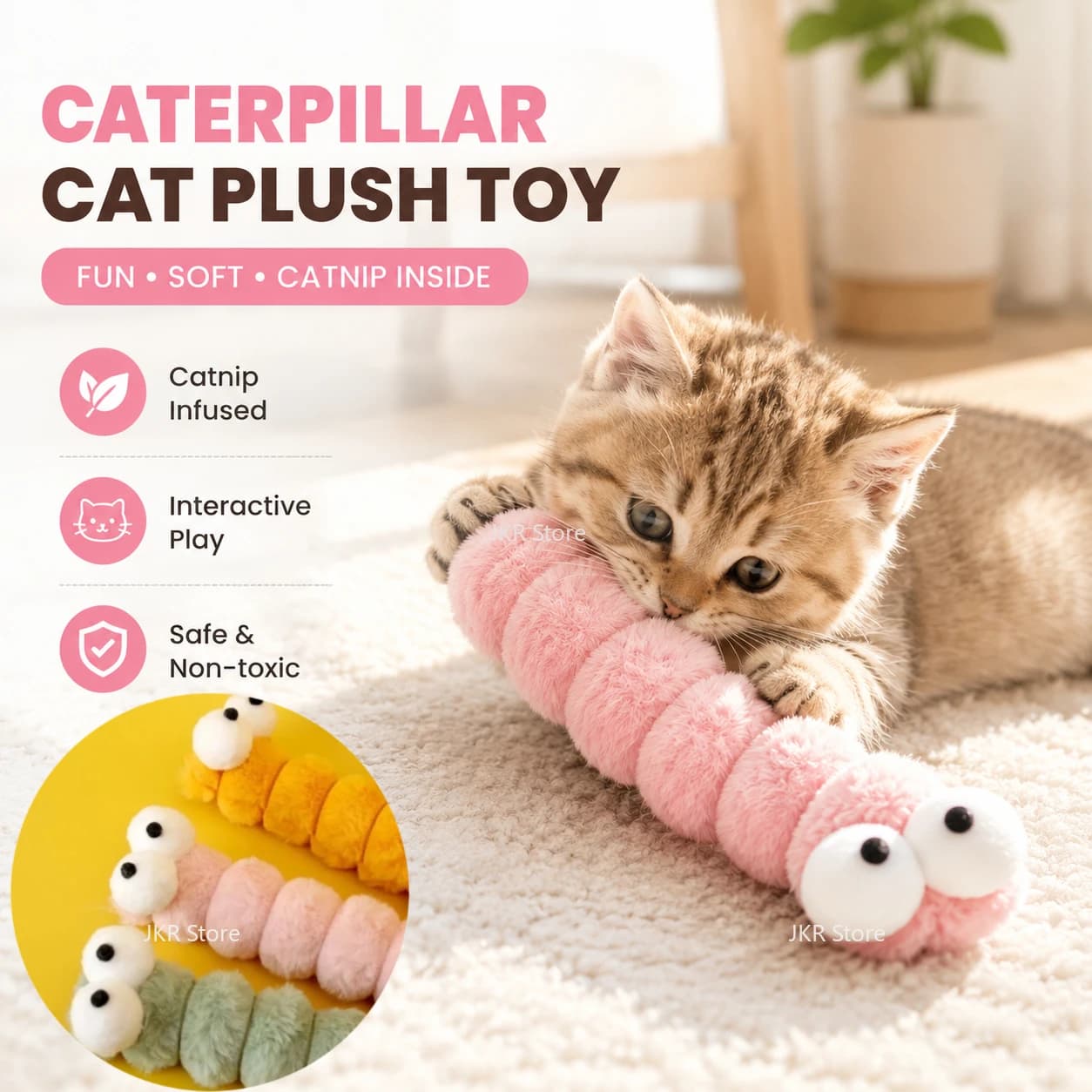Catnip Infused Caterpillar Plush Chew Toy Soft Bite Stick for Kittens Interactive Teeth Cleaning Anxiety Relief Play Pillow