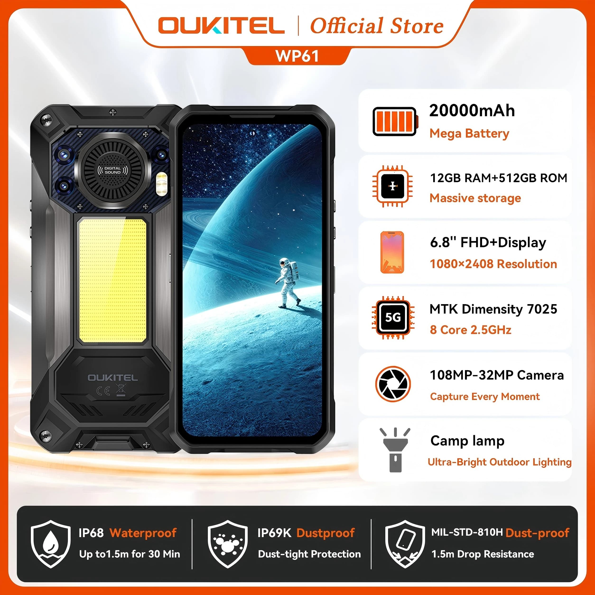 [NUOVO] OUKITEL WP61 Telefono Rugged 5G, Display HD+ da 6,78'', 36GB(12+24)+512GB ROM, Fotocamera da 108MP, Smartphone Android 16 con NFC