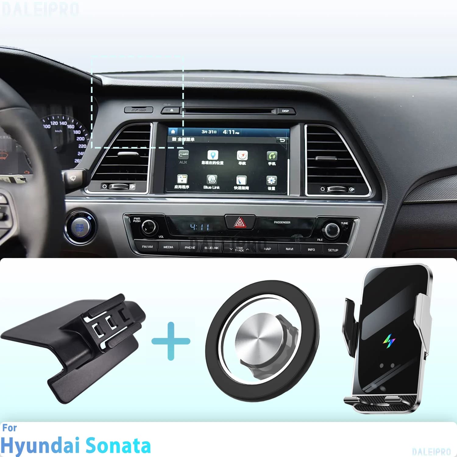 Realizzato su misura per Hyundai Sonata LF 2015-2017 2018 2019 Supporto per telefono Supporto per telefono magnetico per auto Ricarica wireless con rilevamento intelligente