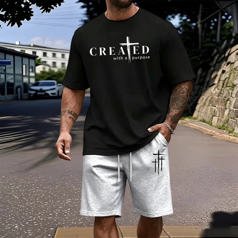 Men's Set 100% Cotton T-shirt and Knee-length Shorts Summer Daily Causal Sports Short Sleeve Outfit Home Outdoor Comfort Suits
