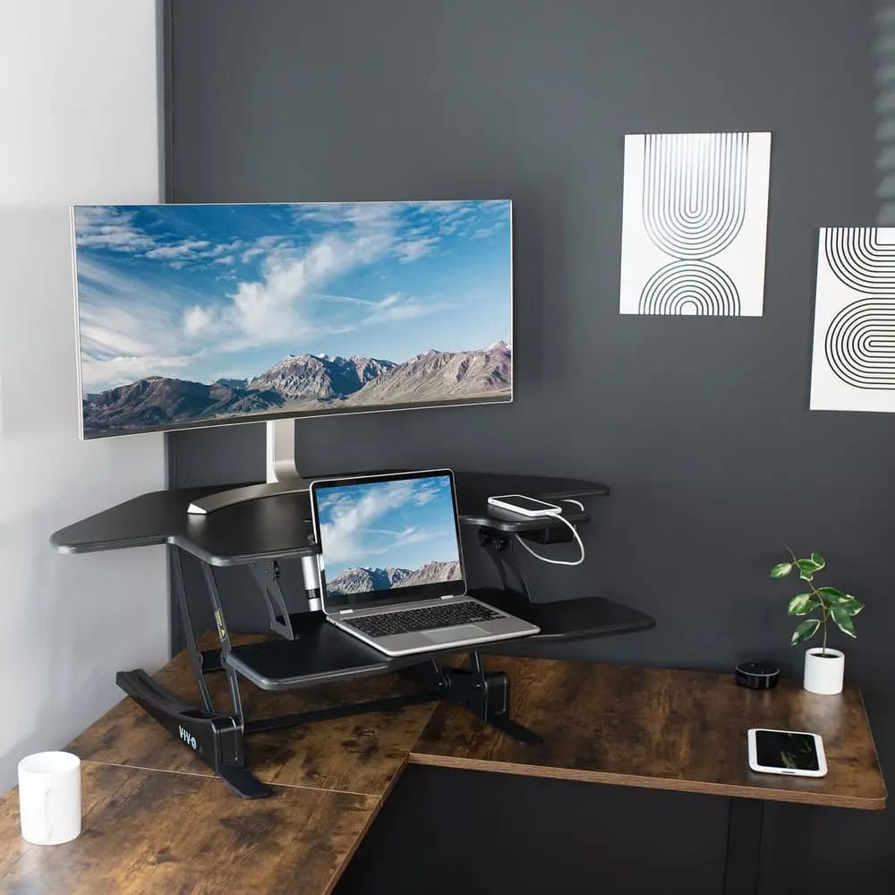 Convertitore per Scrivania Elettrico Regolabile in Altezza da 43 Pollici, Serie VE, Supporto per Monitor Doppio da Tavolo Sit-Stand