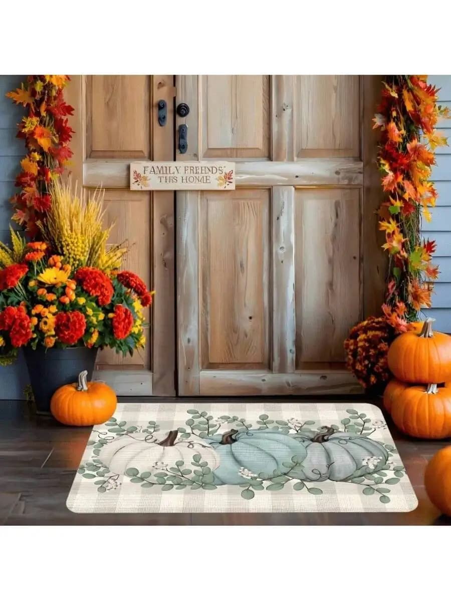 Autumn Harvest Doormat With Pumpkins And Floral Design Blue White Green Machine Washable Non-Slip Indoor Outdoor Entry Mat