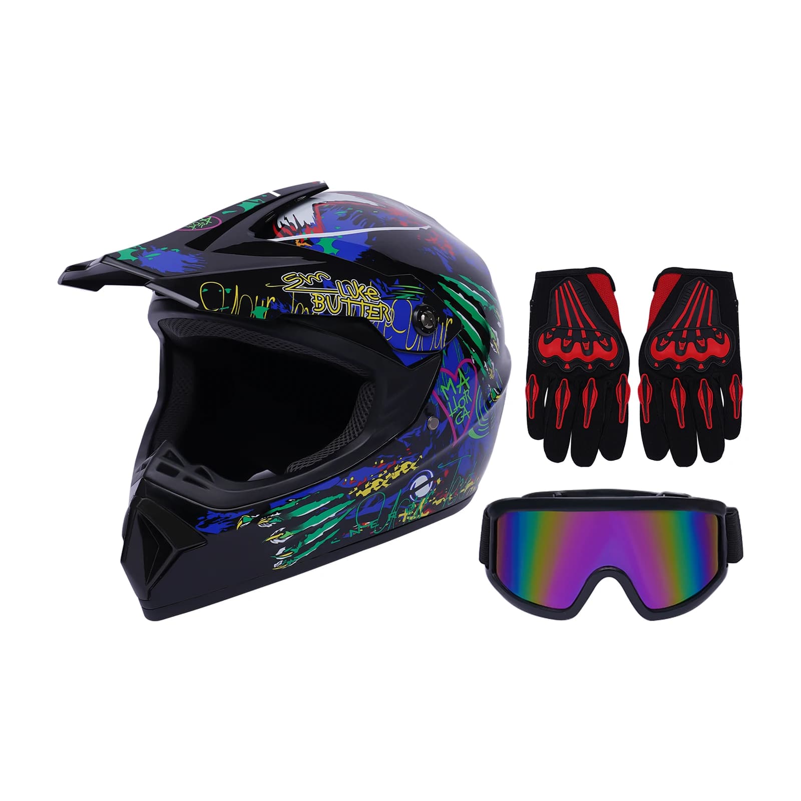 Casco moto con guanti, casco moto con occhiali e guanti, kit casco motocross di grandi dimensioni