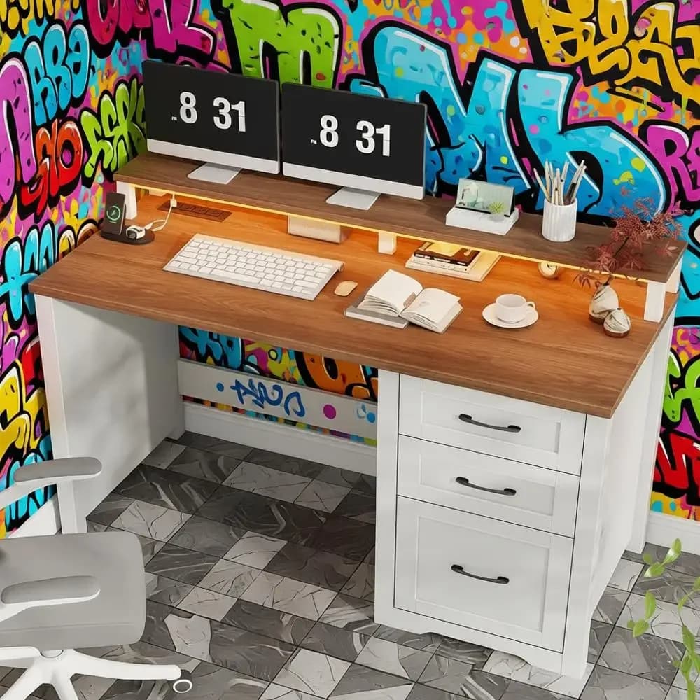 Bestseller47 Scrivania Direzionale Moderna con Supporto Monitor, Illuminazione LED, Prese di Corrente, per Ufficio o Studio, Bianca