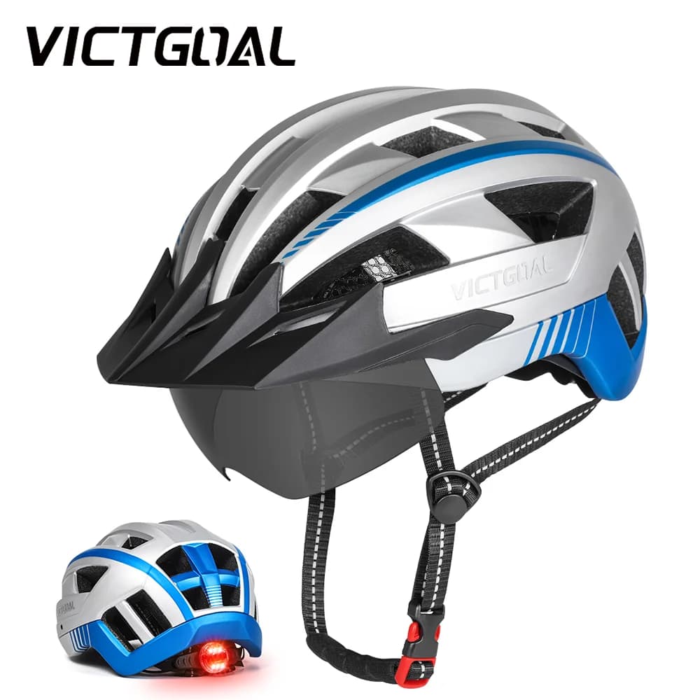 VICTGOAL Casco da bicicletta per Adutl con occhiali Visiera Fanale posteriore Berretto di sicurezza per bici da uomo MTB Bici da strada Scooter elettrico Casco da ciclismo