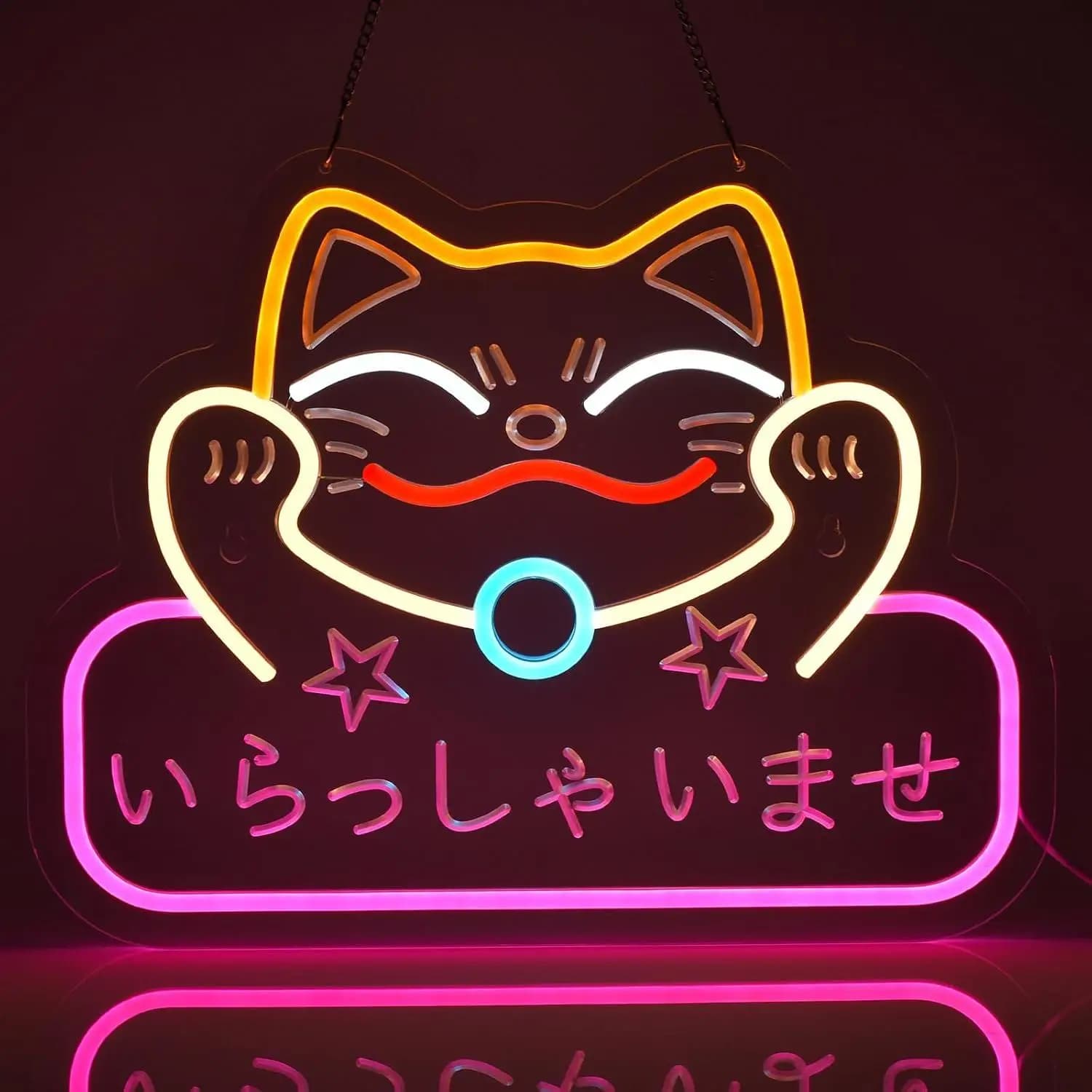 Insegna al Neon Giapponese 'Benvenuto' con Gatto Portafortuna, Luci LED Dimmerabili per Ristoranti, Negozi, Vetrine, Decorazione Murale
