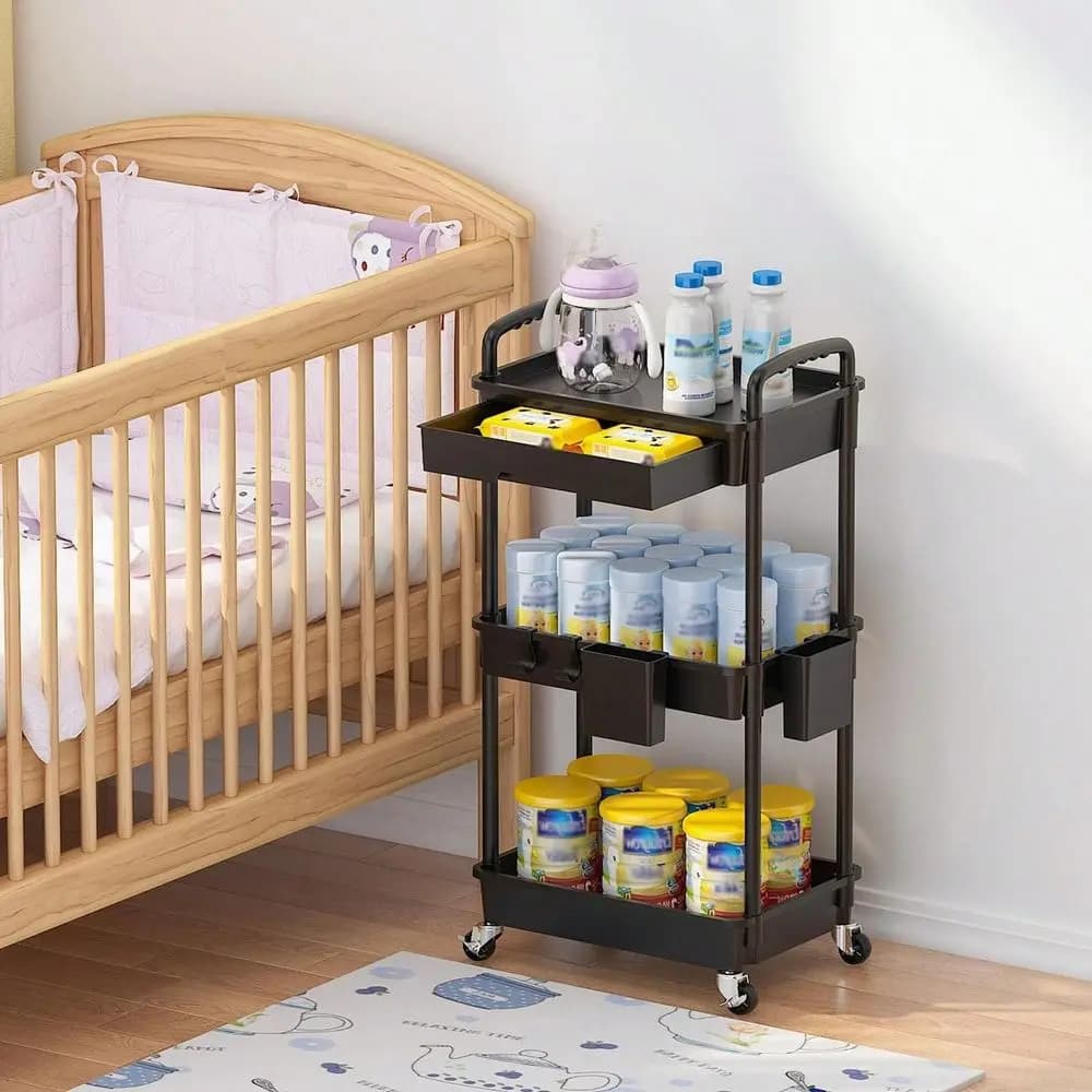 Carrello Multiuso con Cassetto Staccabile, Organizzatore in Plastica con Ruote Girevoli a 360°, 2 Ruote con Freni, Maniglie Ergonomiche