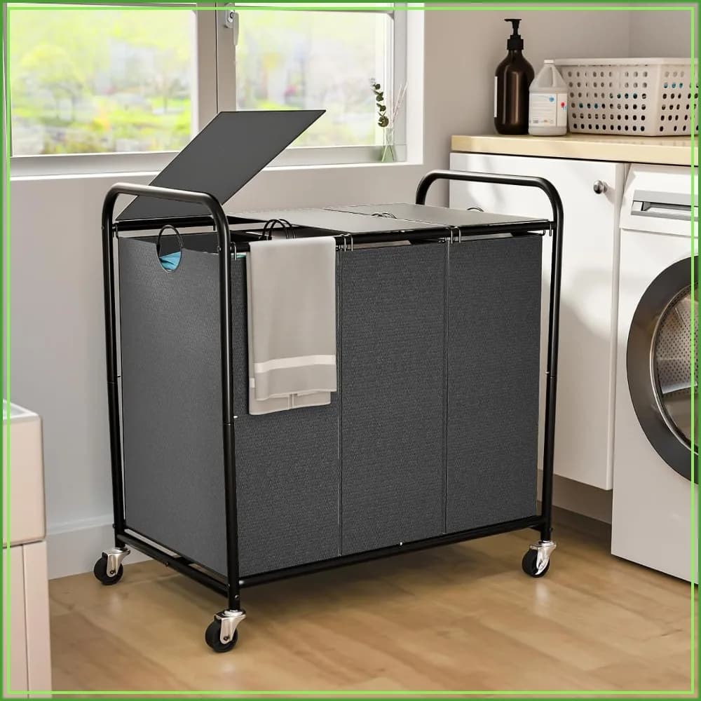 180L 3-Section Laundry Sorter with Wheels and Lid, Rolling Hamper Basket with 3 Removable Bags, Lockable Wheels, 47.55 Gal