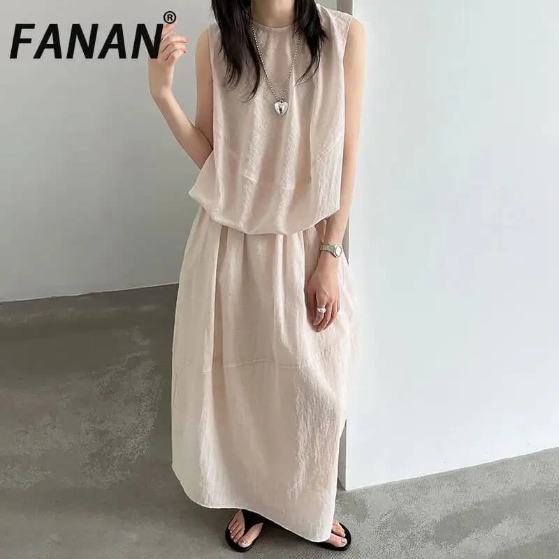 FANAN Casual Style Semi-Transparent Sleeveless Top Skirt For Women, Summer Two-Piece Set Linen Sunscreen Sets 2026 Summer New