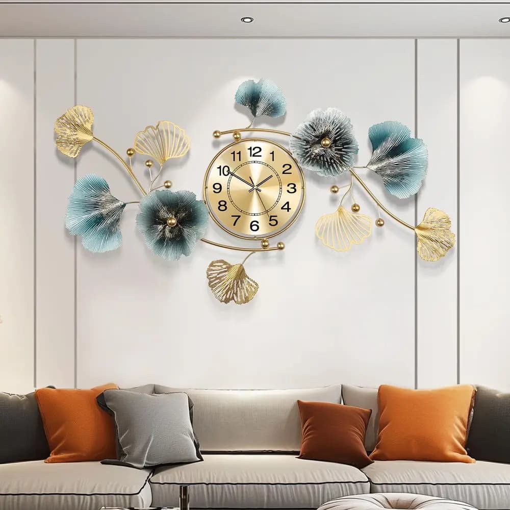 Orologi da Parete per Arredamento Soggiorno, Grande Orologio da Parete, Design Creativo 3D a Foglia di Ginkgo in Metallo, con Movimento Silenzioso per Casa