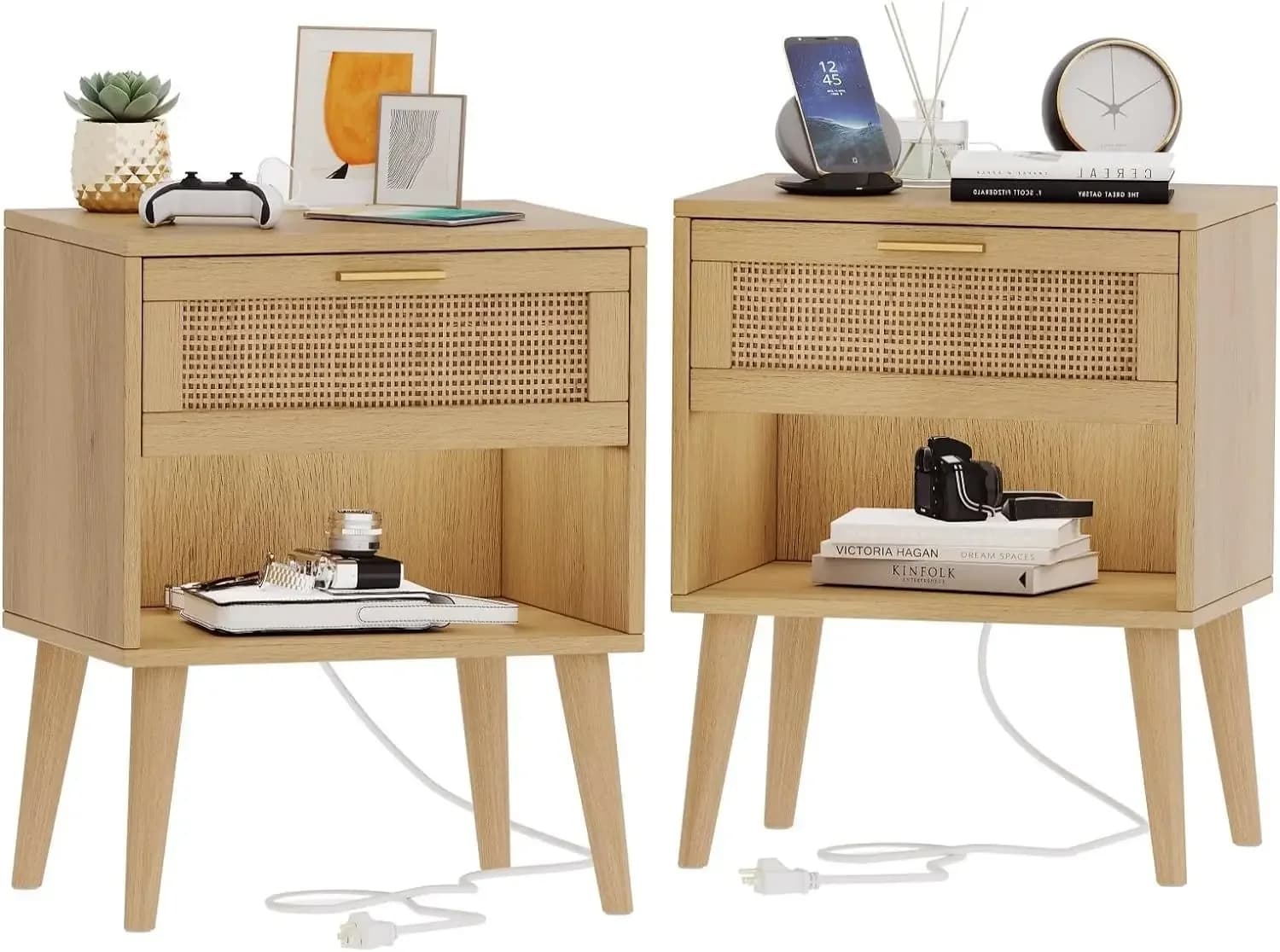 Set di 2 Comodini in Rattan da 45 cm, Comodino per Camera da Letto con Stazione di Ricarica e Cassetti, Tavolino da Notte Boho con Gambe Solide