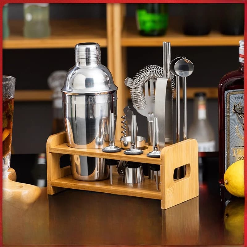Stainless Steel Cocktail Shaker Set 13-Piece Bar Tool Kit Full Set Muddler Jigger Twisted Short Sleeve Women's Slippers