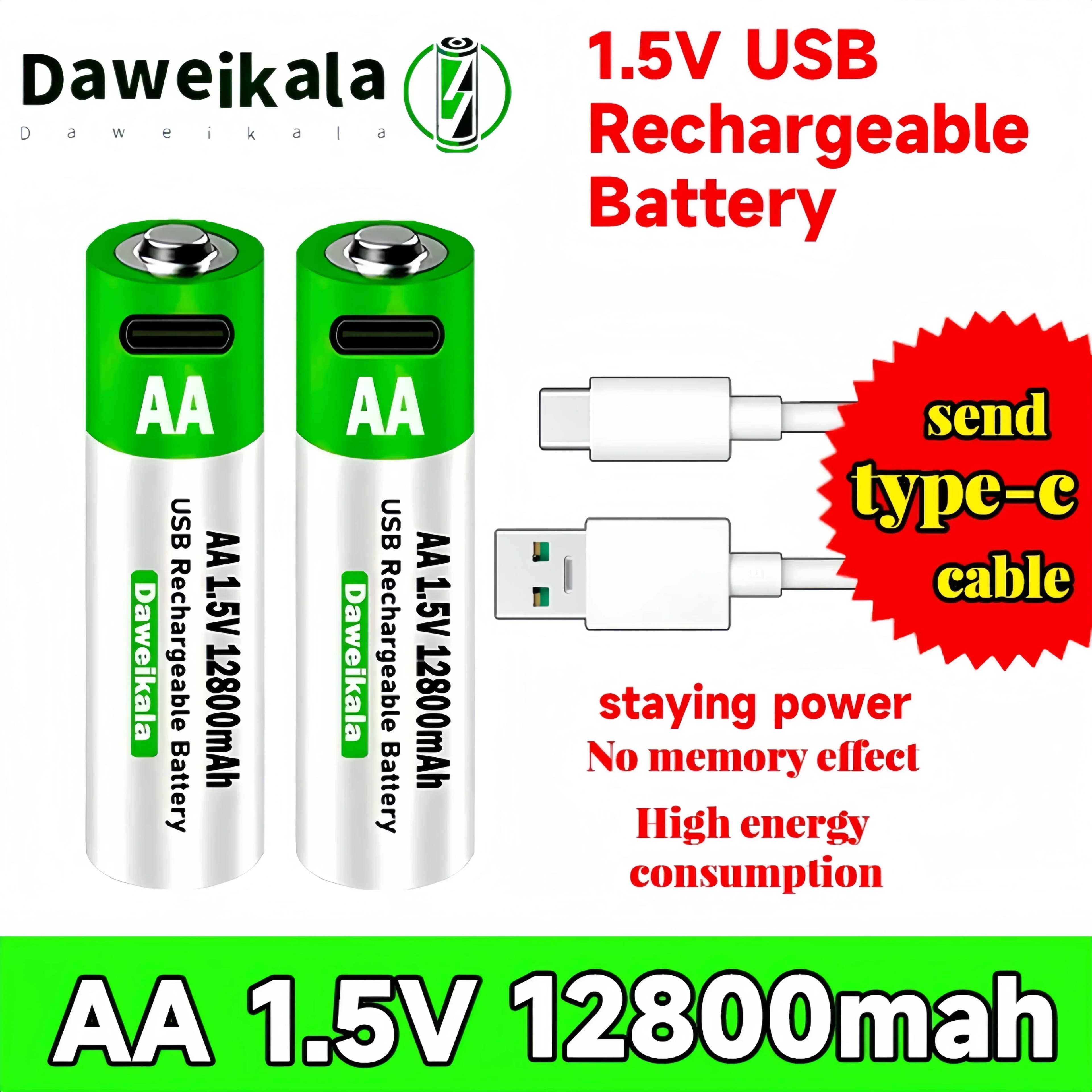 New Li-ion Battery AA 1.5V 12800mAh 2026 USB Rechargeable for Remote Control, Mouse, Electric Toys + Cable Type-C