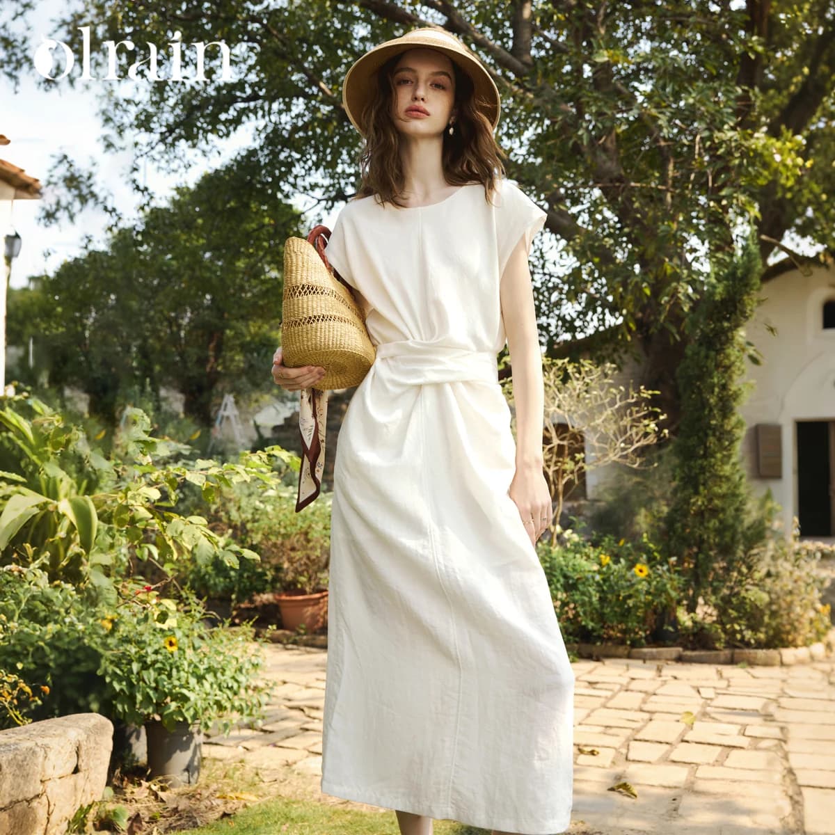 OLrain Casual Slit Hem Women's Sleeveless Dress 2026 Summer Elegant Twist Tie Slim Waist Daily Party Midi Dress O58XL005313