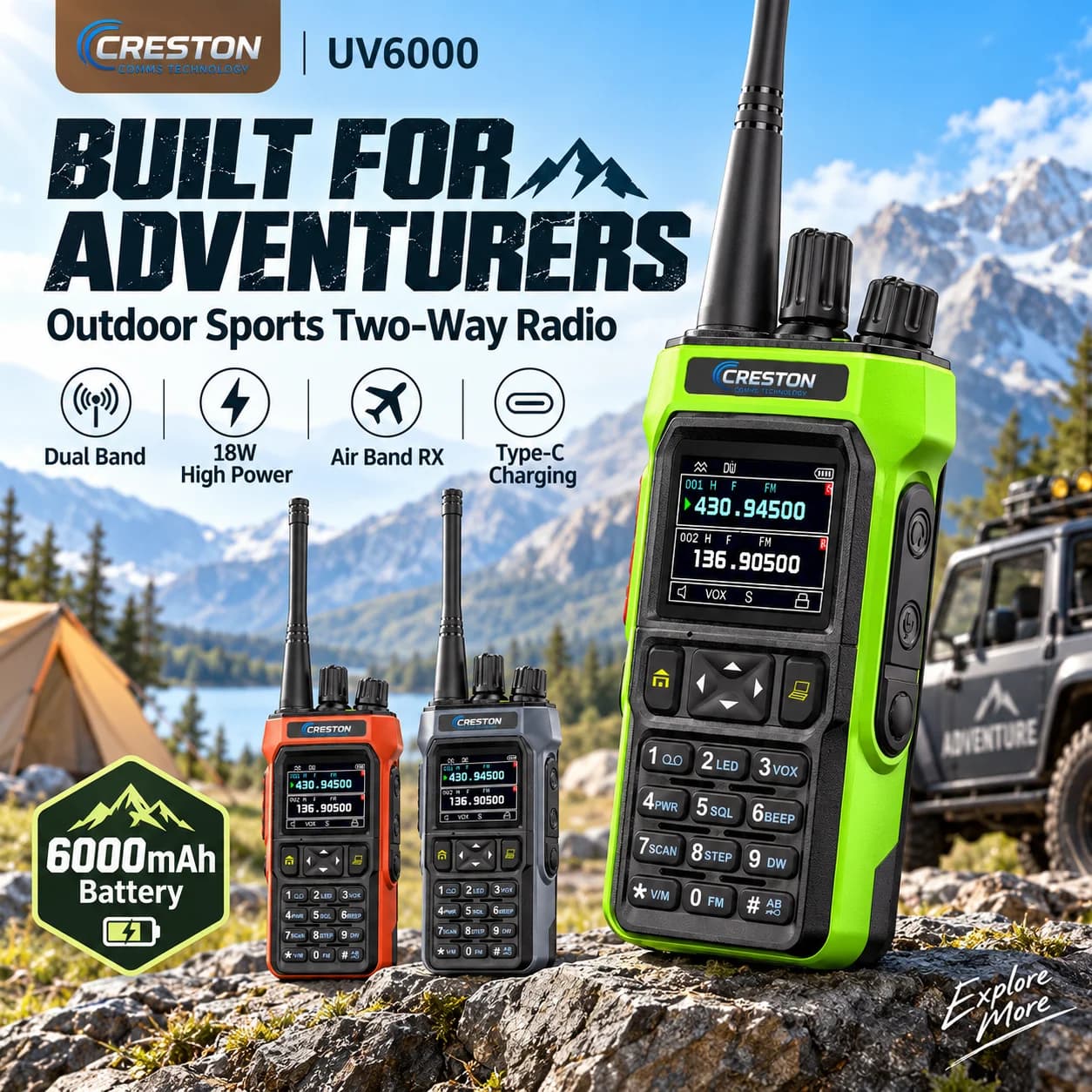 CRESTON UV6000 Handheld Long Range Walkie Talkie 18W Dual Band Radio 199CH One Key Frequency Match 6000mAh Battery FM Receiver