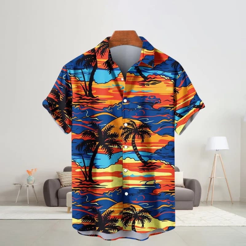 Hawaiian Coconut Tree Flower Short Sleeved Sunset Sailboat Gradient Palm Hibiscus Print Men's Shirt
