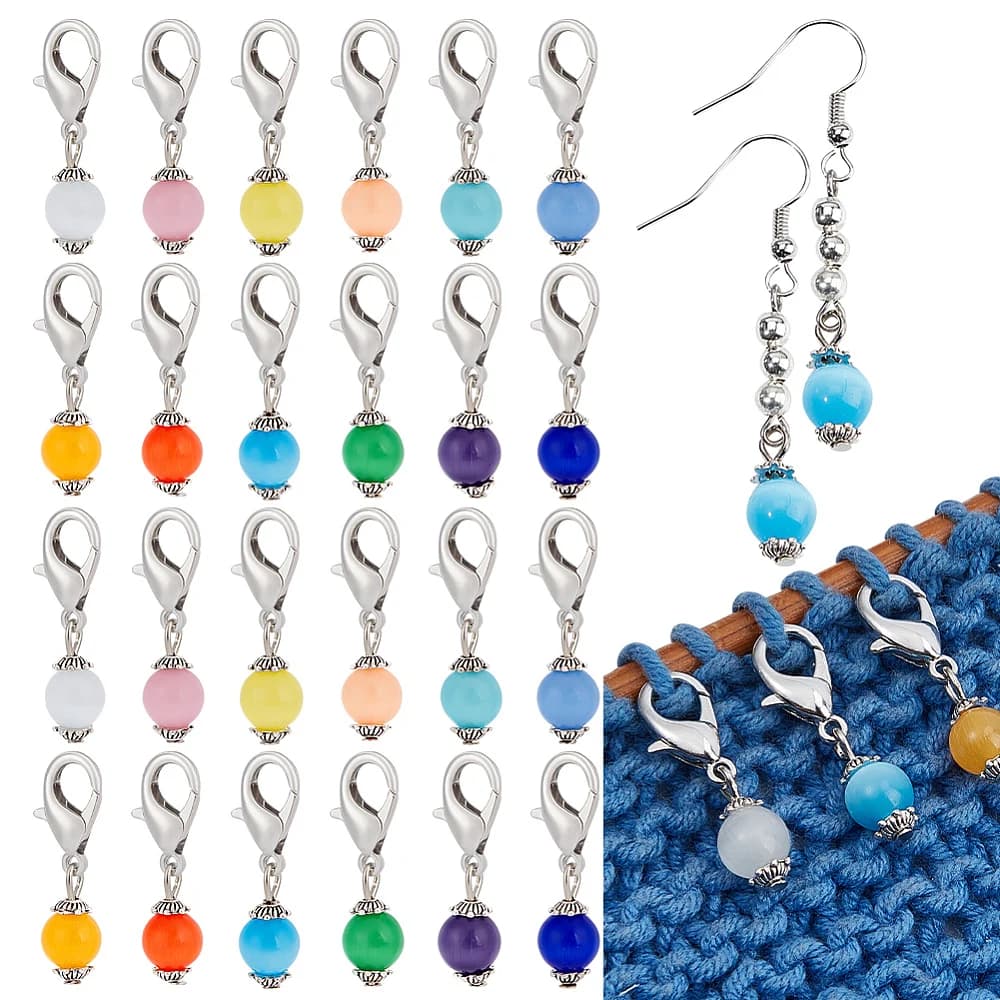 24Pcs Cat Eye Bead Stitch Markers Glass Round Beads Crochet Markers Stitch Markers Metal Stitch Needle Clip for Knitting Weaving