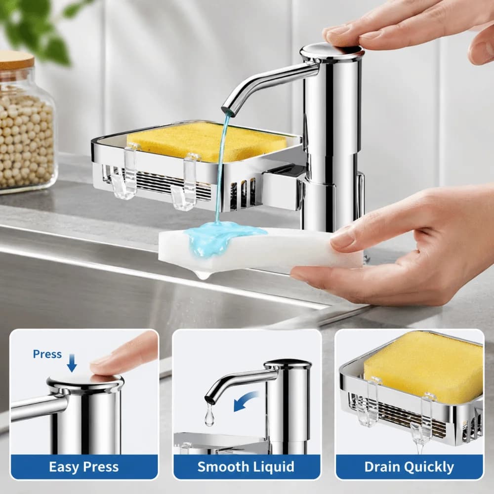 Aluminum Sink Soap Dispenser with Tray Extension Tube Dishwashing Liquid Dispenser Easy Install Countertop Soap Dispenser