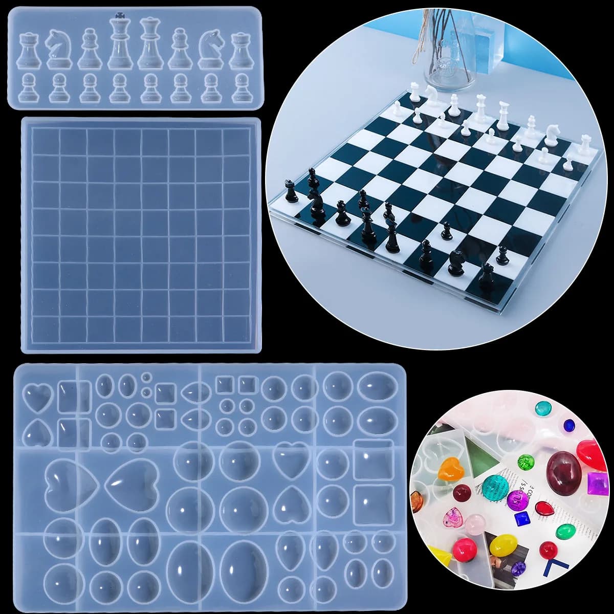 Stampo per set di scacchi internazionale in resina con scacchiera Stampi in resina siliconica Ciondoli in cristallo Resina epossidica in silicone per strumenti di stampo fai da te