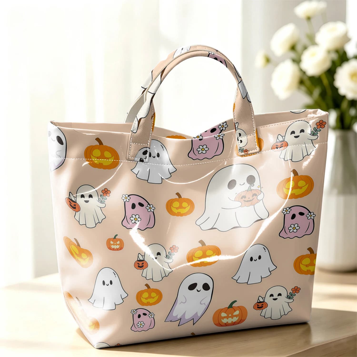 Cute Ghost Pumpkin Hot Sale Large Glossy PVC Tote Bag Hand Washable Waterproof Great for Travel Commute Makeup Storage Handbags