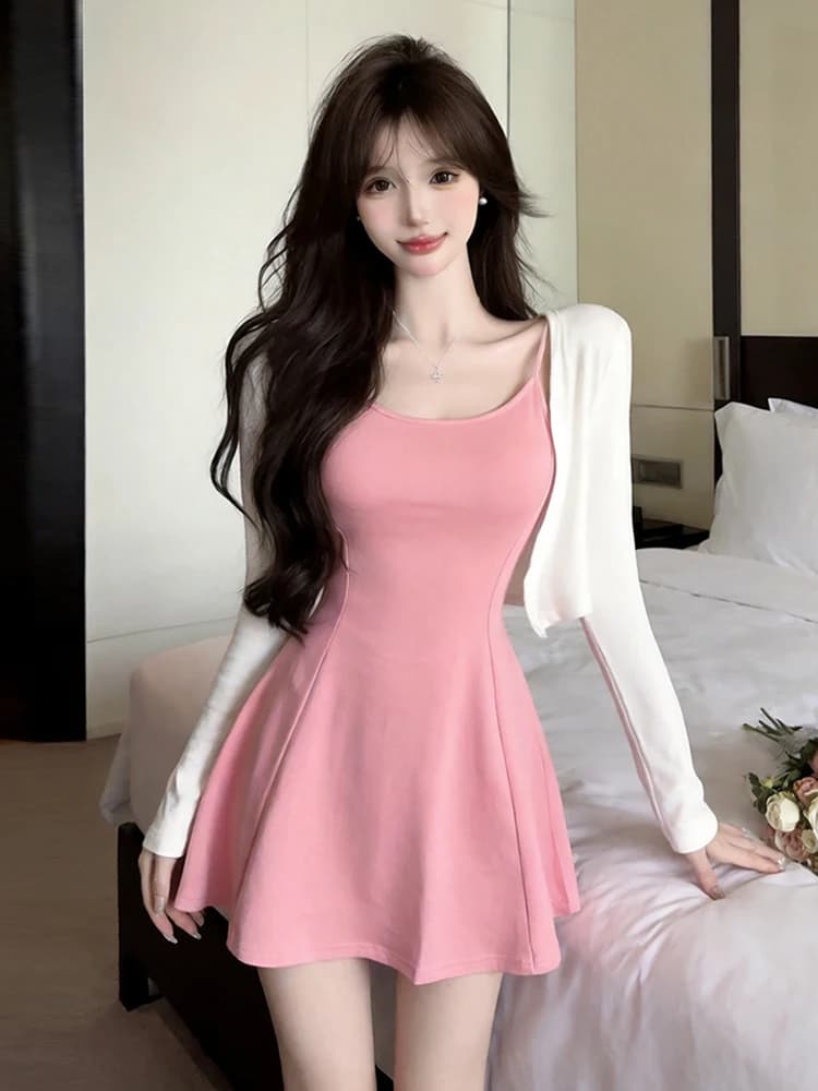Sexy Pure Desire Bodycon Dress with Strap Long Sleeve Two-Piece Set for Young Women V-Neck Open Cardigan Short Length