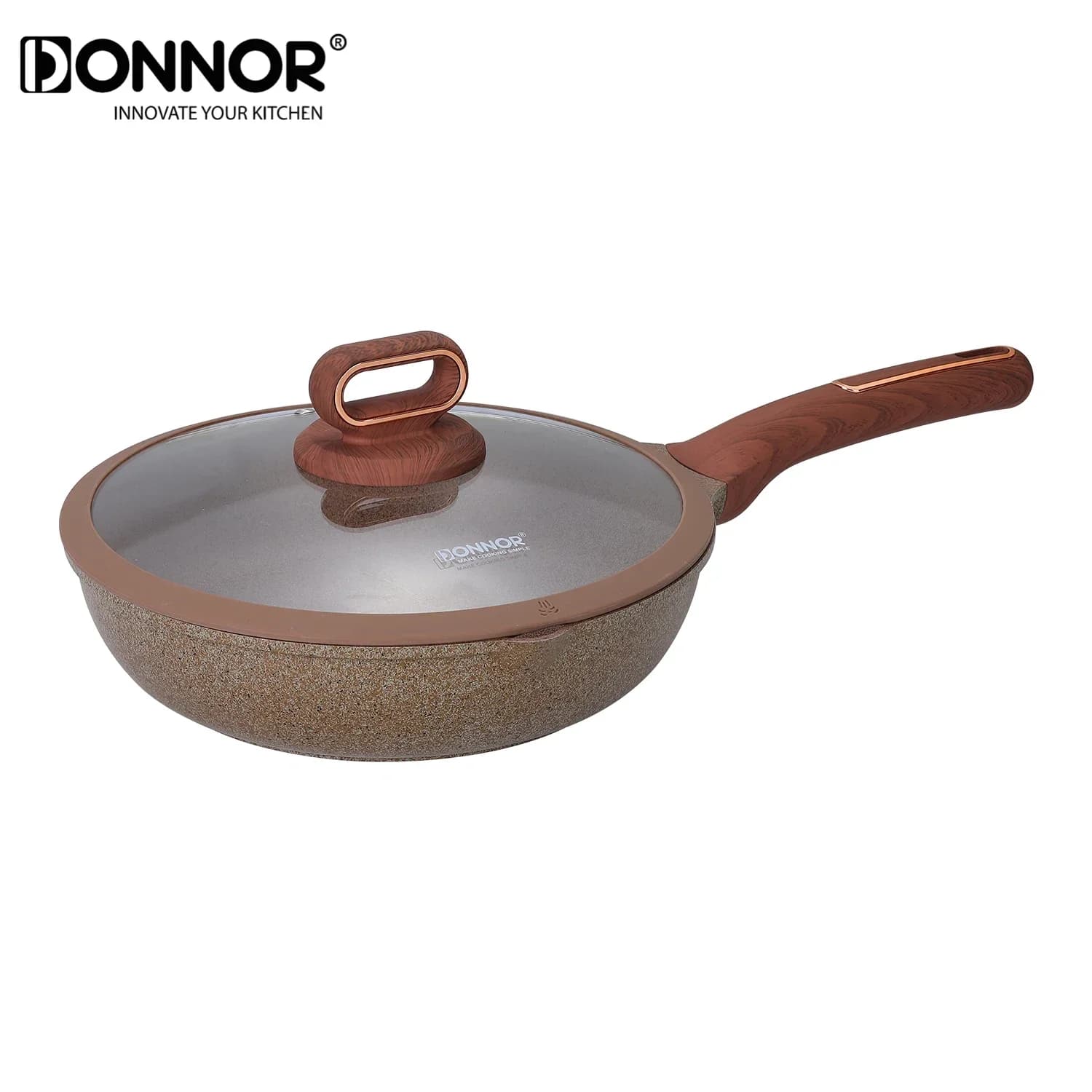DONNOR Padella Antiaderente con Coperchio 24cm/2,5qt, Pentola con Rivestimento in Granito, Padella per Omelette, Utensile da Cucina Salutare, Padella per Bistecche alla Griglia