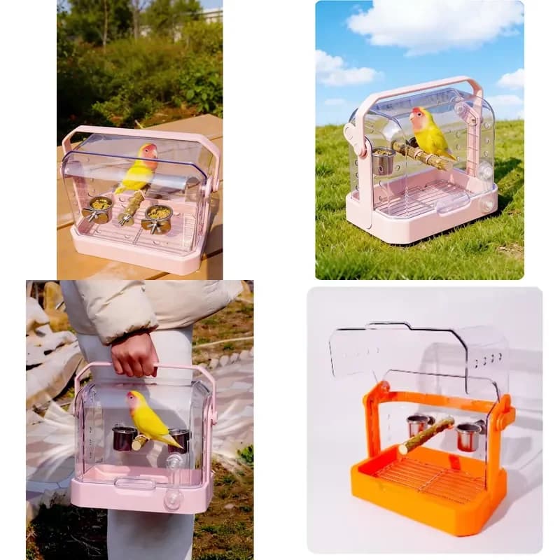 Portable Square Bird Cage for Budgie Transparent Splash Proof Indoor Pet Carrier with Metal Structure Multi Function